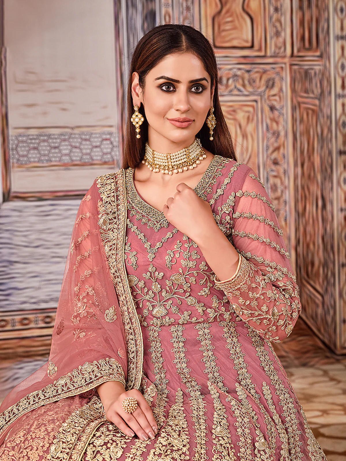 Odette Pink Net Embroidered Semi stitched Kurta Set with Inner For Women - Image 2