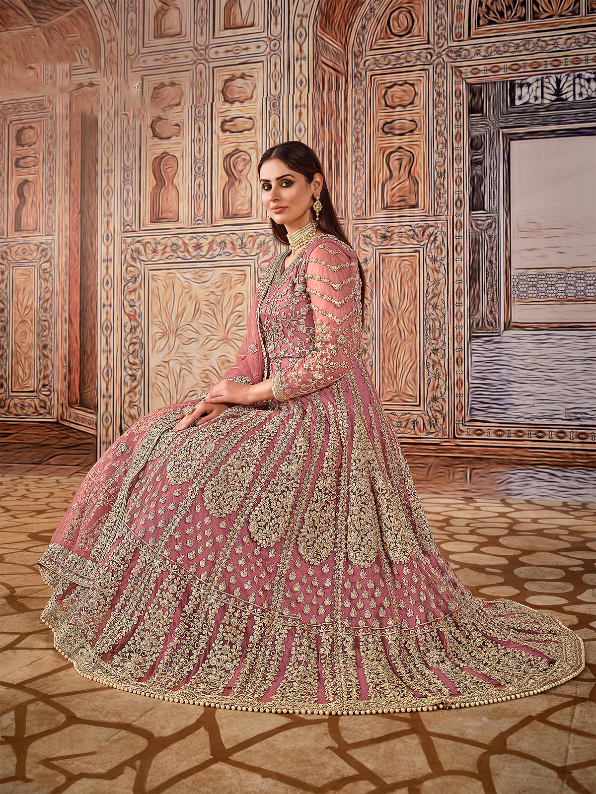 Odette Pink Net Embroidered Semi stitched Kurta Set with Inner For Women - Image 3