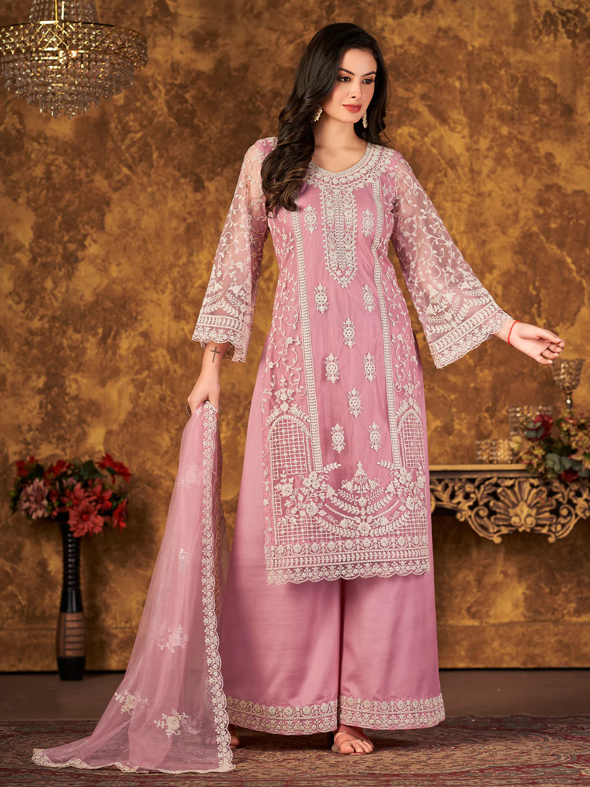 Odette Pink Net Embroidered Semi stitched Kurta Set with Inner For Women - Image 2