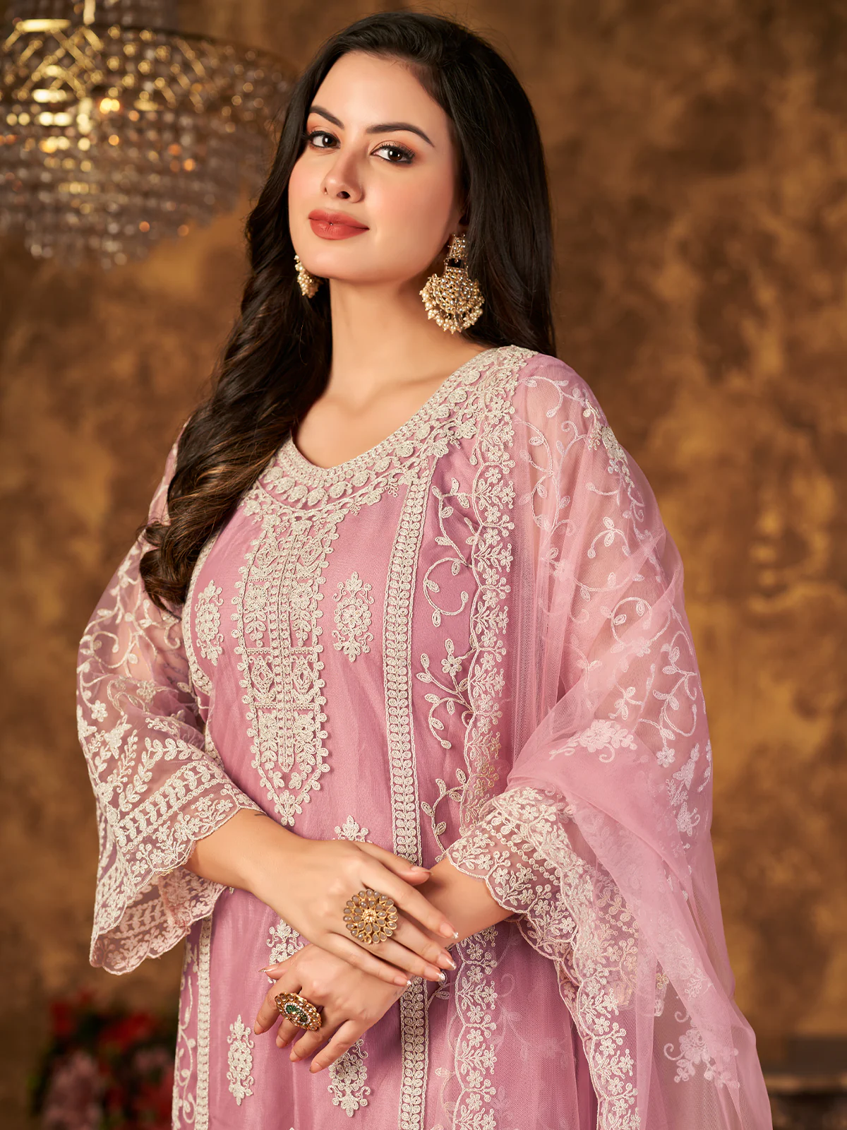 Odette Pink Net Embroidered Semi stitched Kurta Set with Inner For Women - Image 3