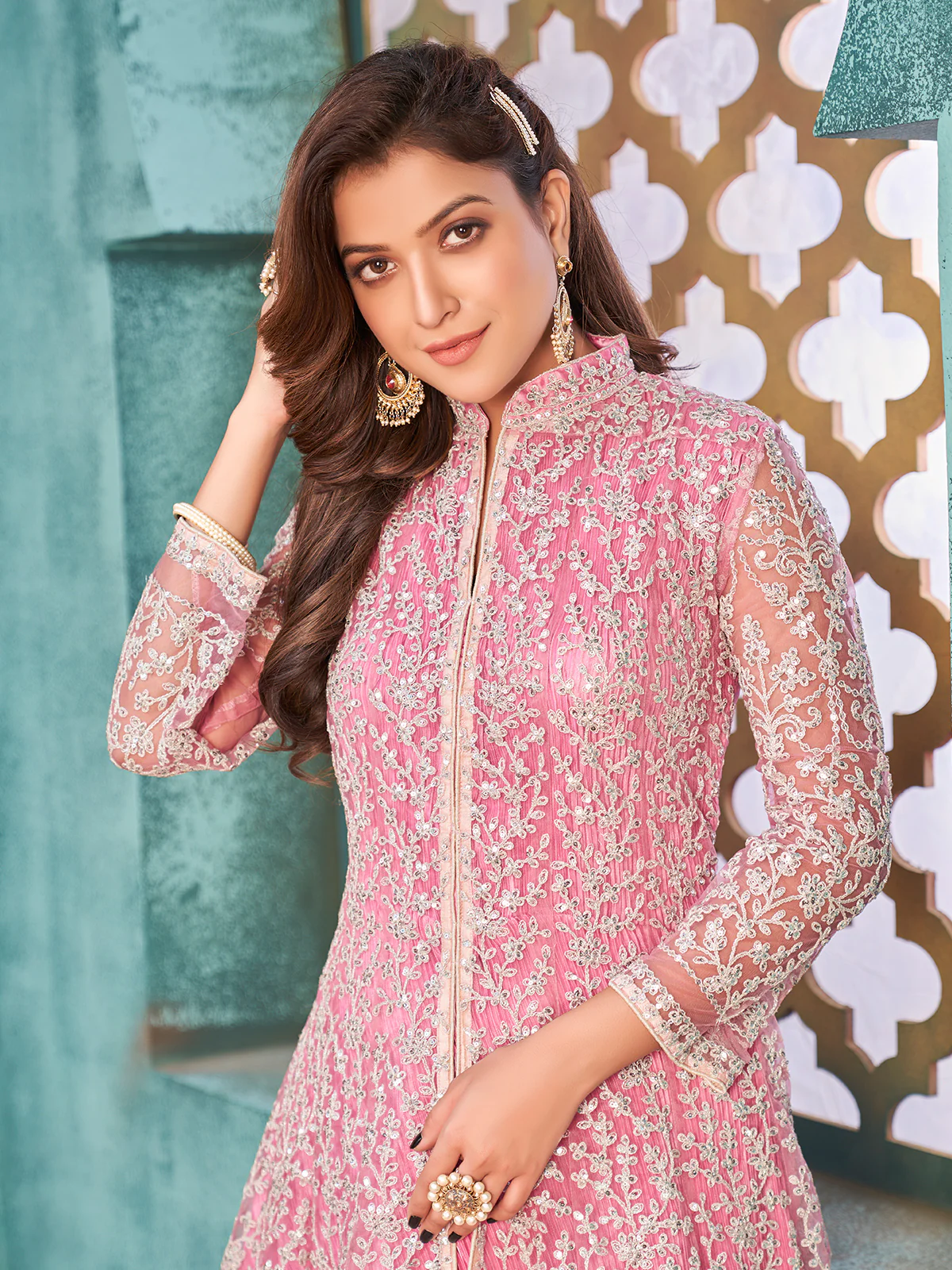 Odette Pink Net  Embroidered Semi stitched Kurta Set with Inner For Women - Image 4