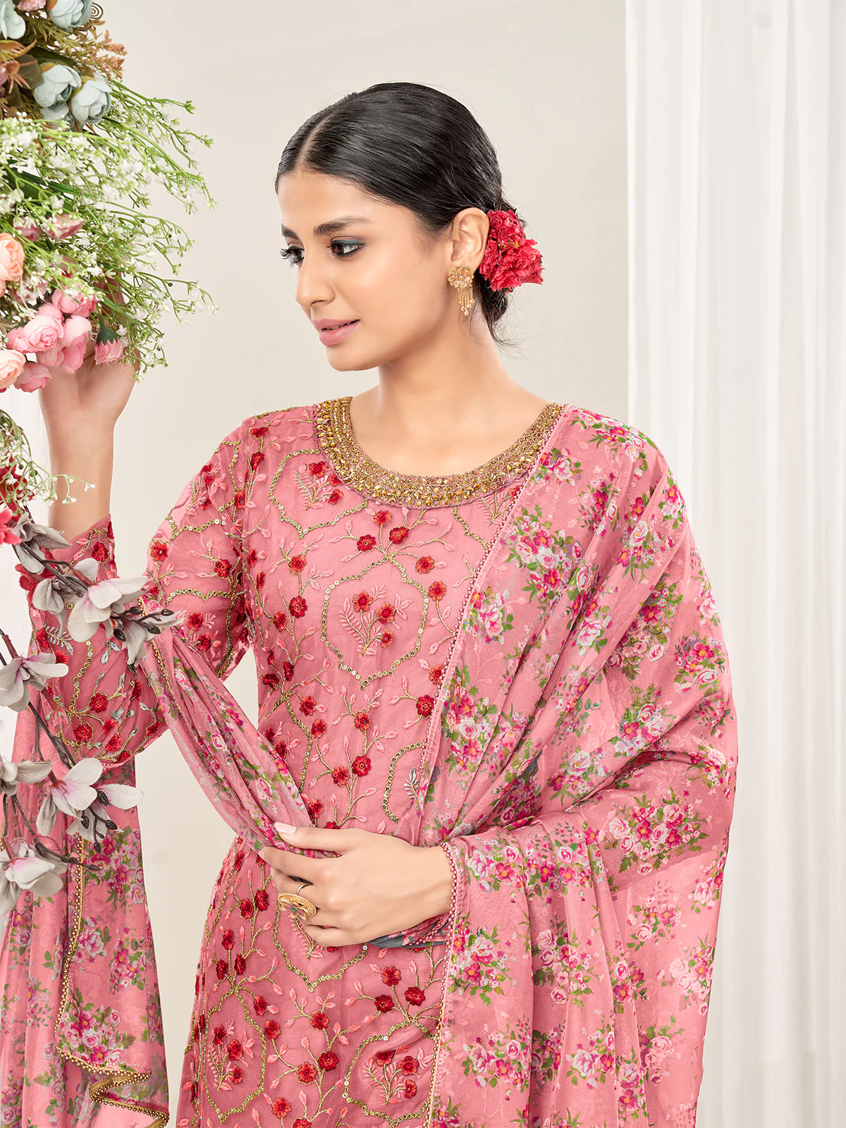 Odette Pink Net Embroidered Semi stitched Kurta Set With Inner For Women - Image 3