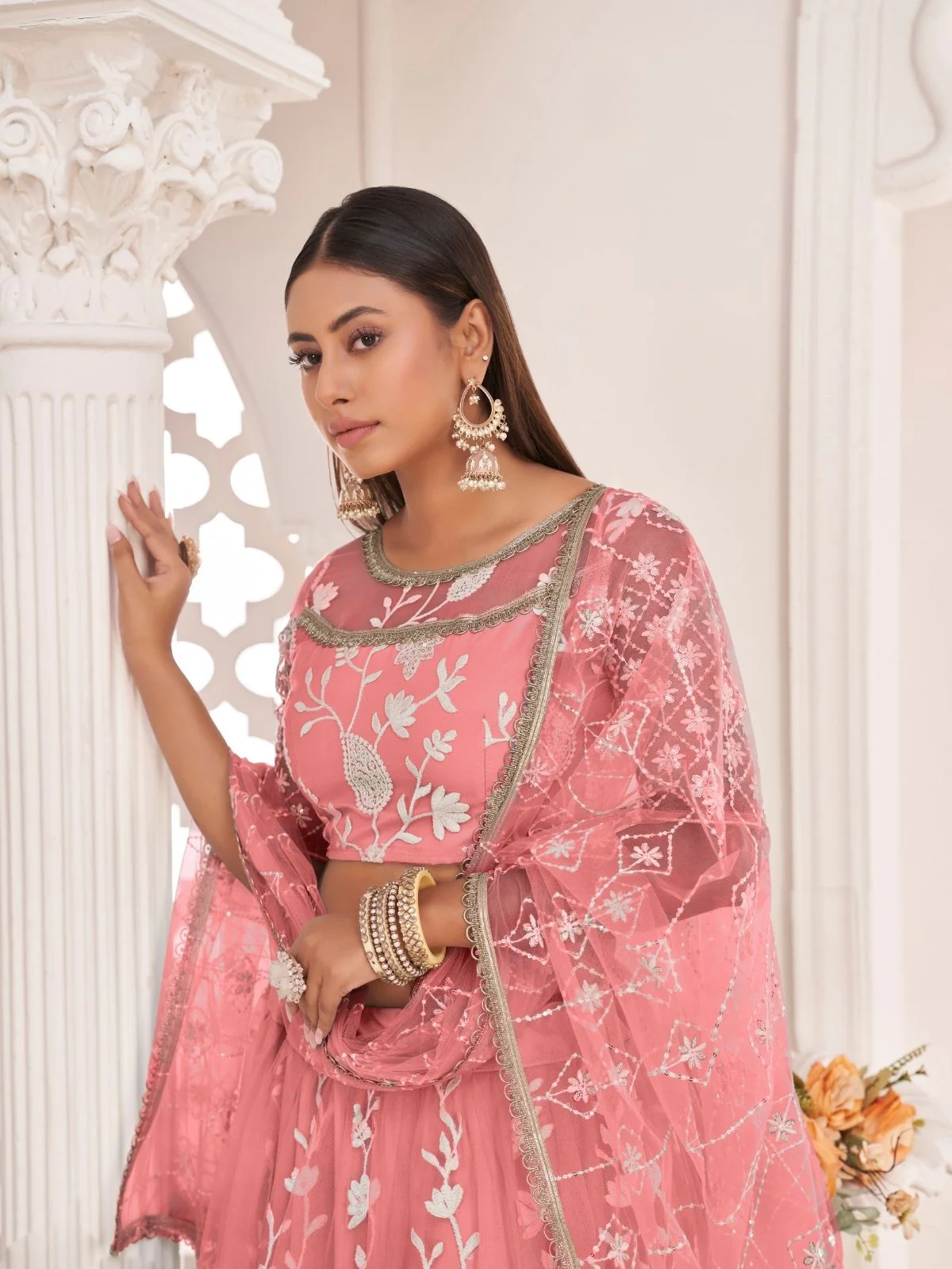 Odette Pink Net Embroidered Semi Stitched Lehenga For Women - Image 2