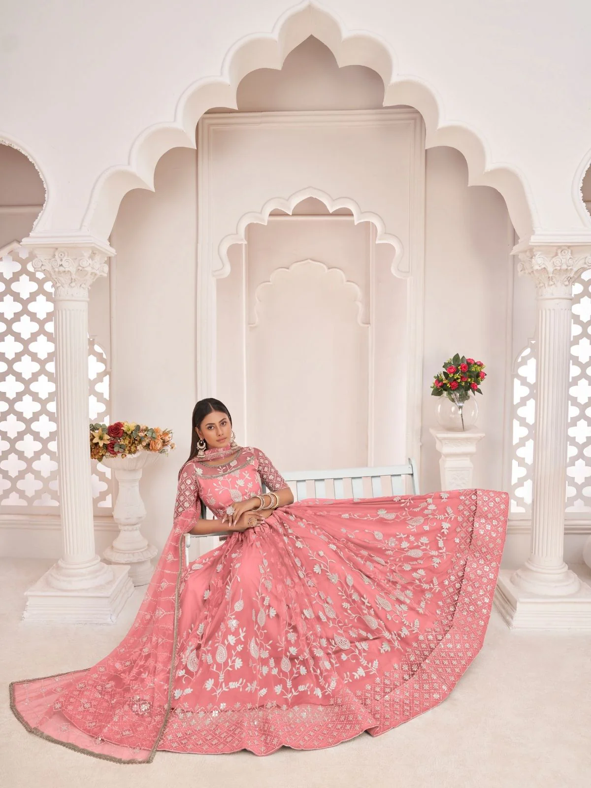 Odette Pink Net Embroidered Semi Stitched Lehenga For Women - Image 4