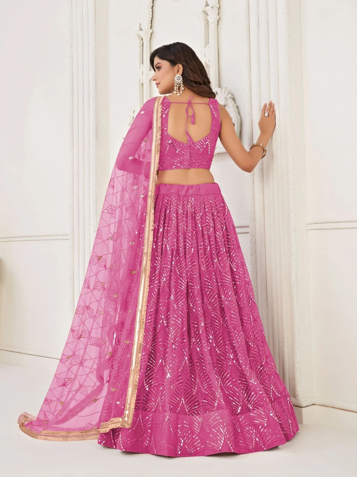 Odette Pink Net Embroidered Semi Stitched Lehenga For Women - Image 3