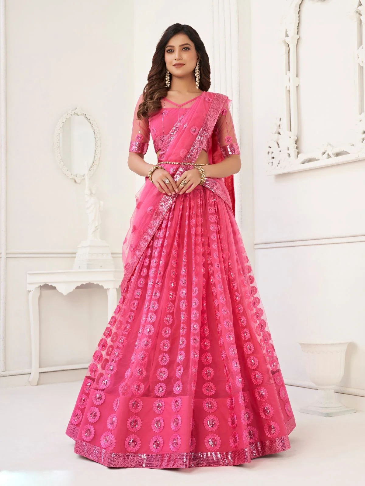 Odette Pink Net Embroidered Semi Stitched Lehenga For Women - Image 2