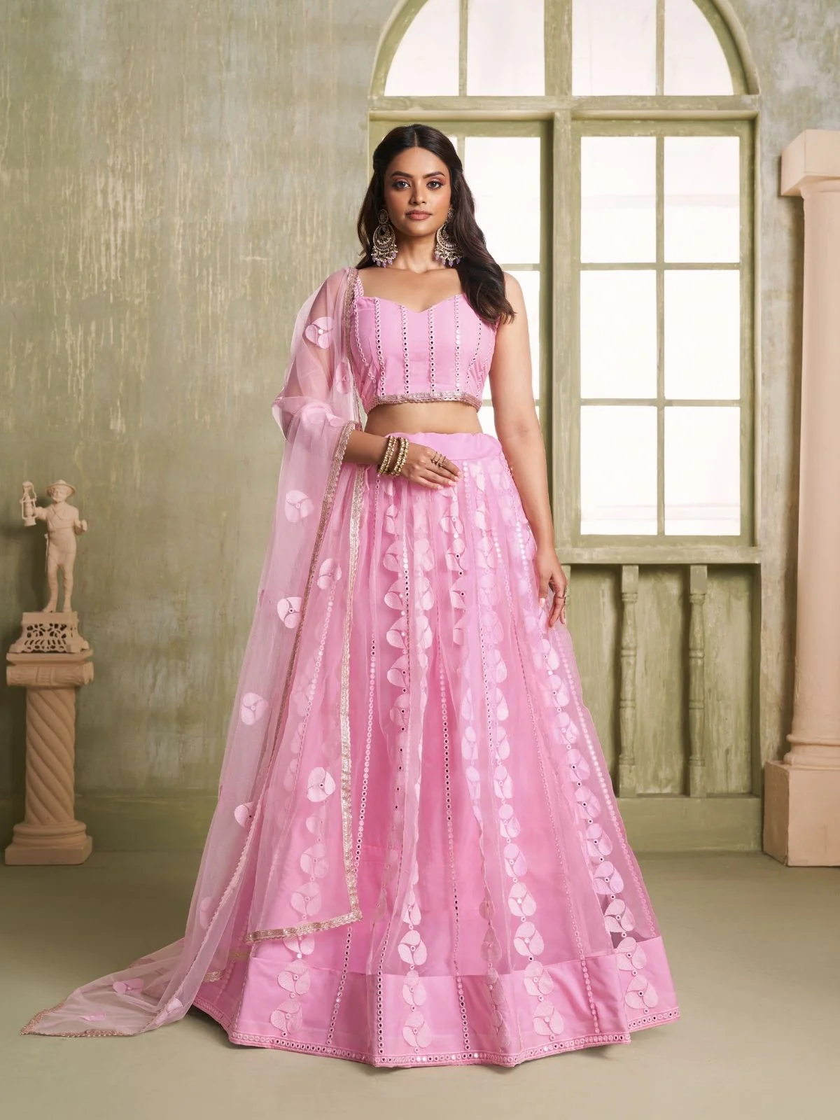 Odette Pink Net Embroidered Semi Stitched Lehenga For Women - Image 2