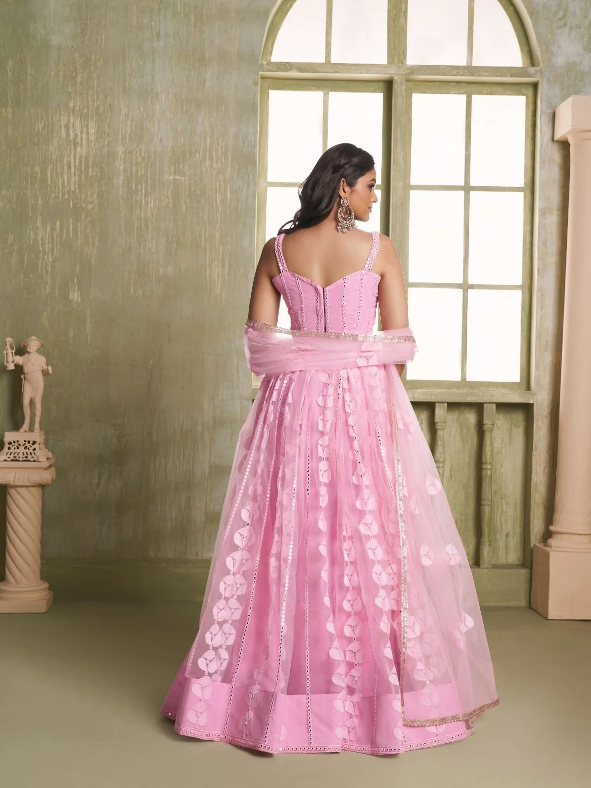 Odette Pink Net Embroidered Semi Stitched Lehenga For Women - Image 3