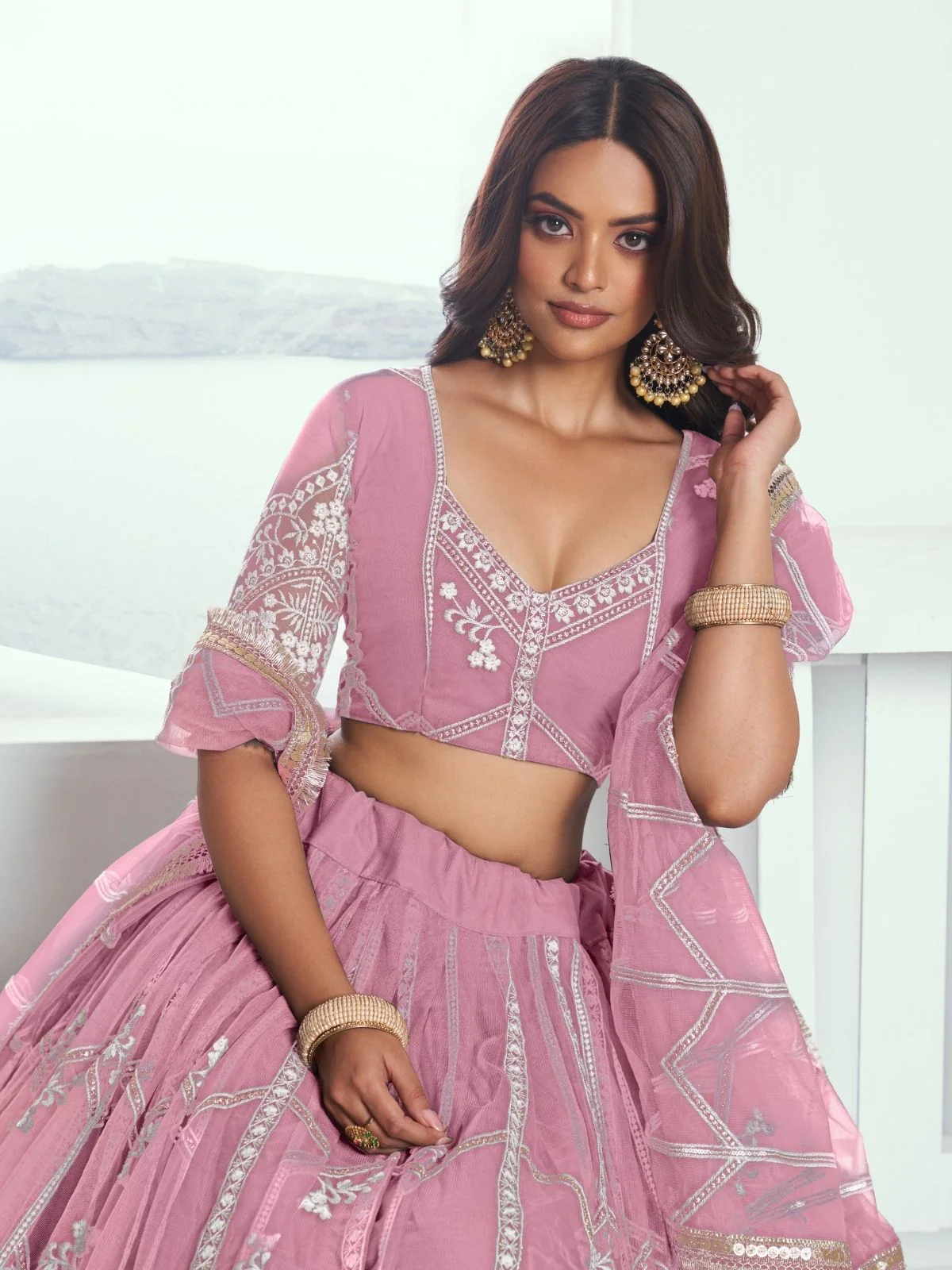 Odette Pink Net Embroidered Semi Stitched Lehenga For Women - Image 2