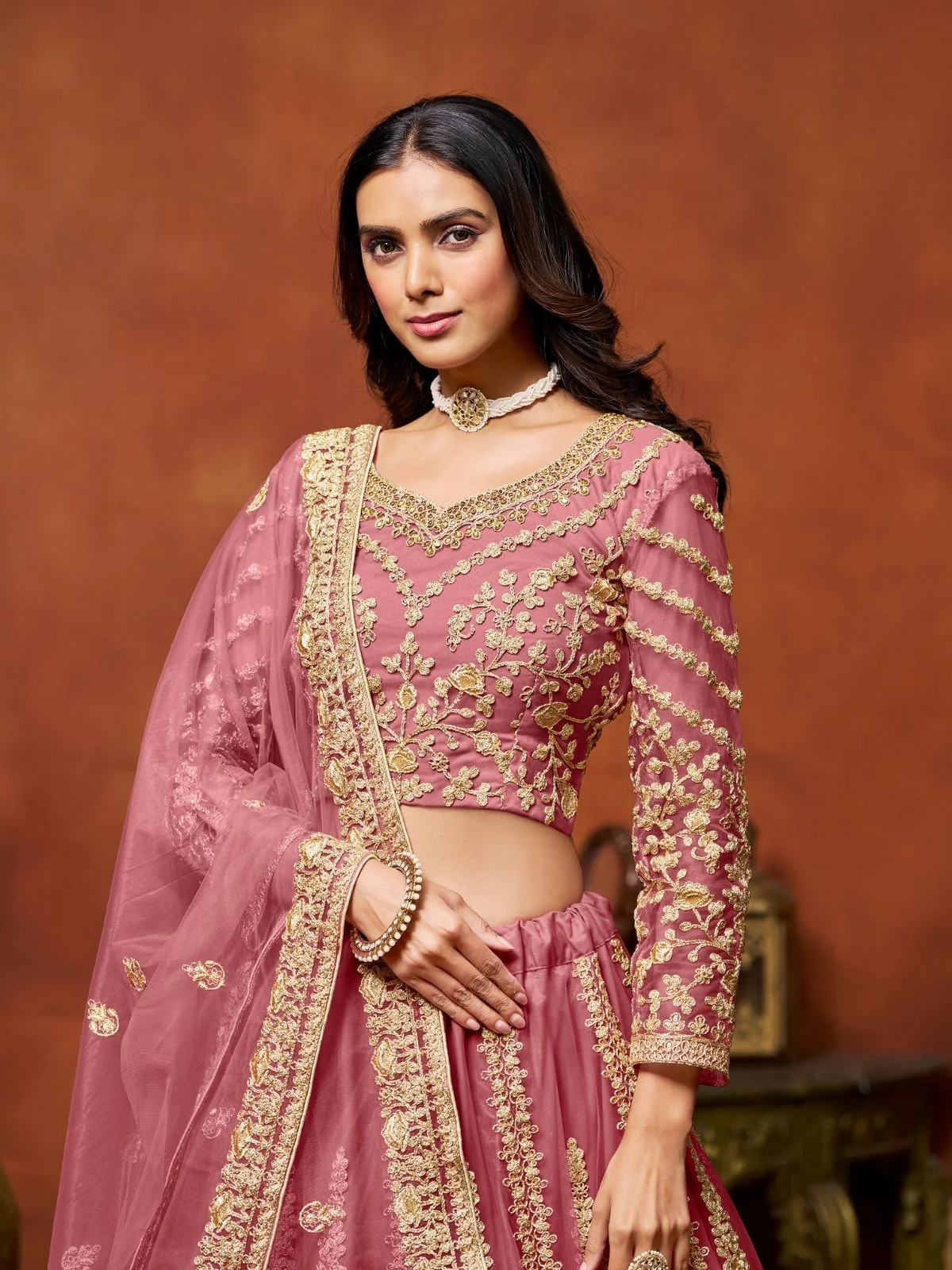 Odette Pink Net Embroidered Semi-Stitched lehenga For Women - Image 3