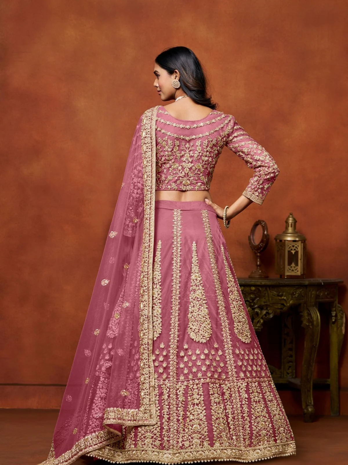 Odette Pink Net Embroidered Semi-Stitched lehenga For Women - Image 4