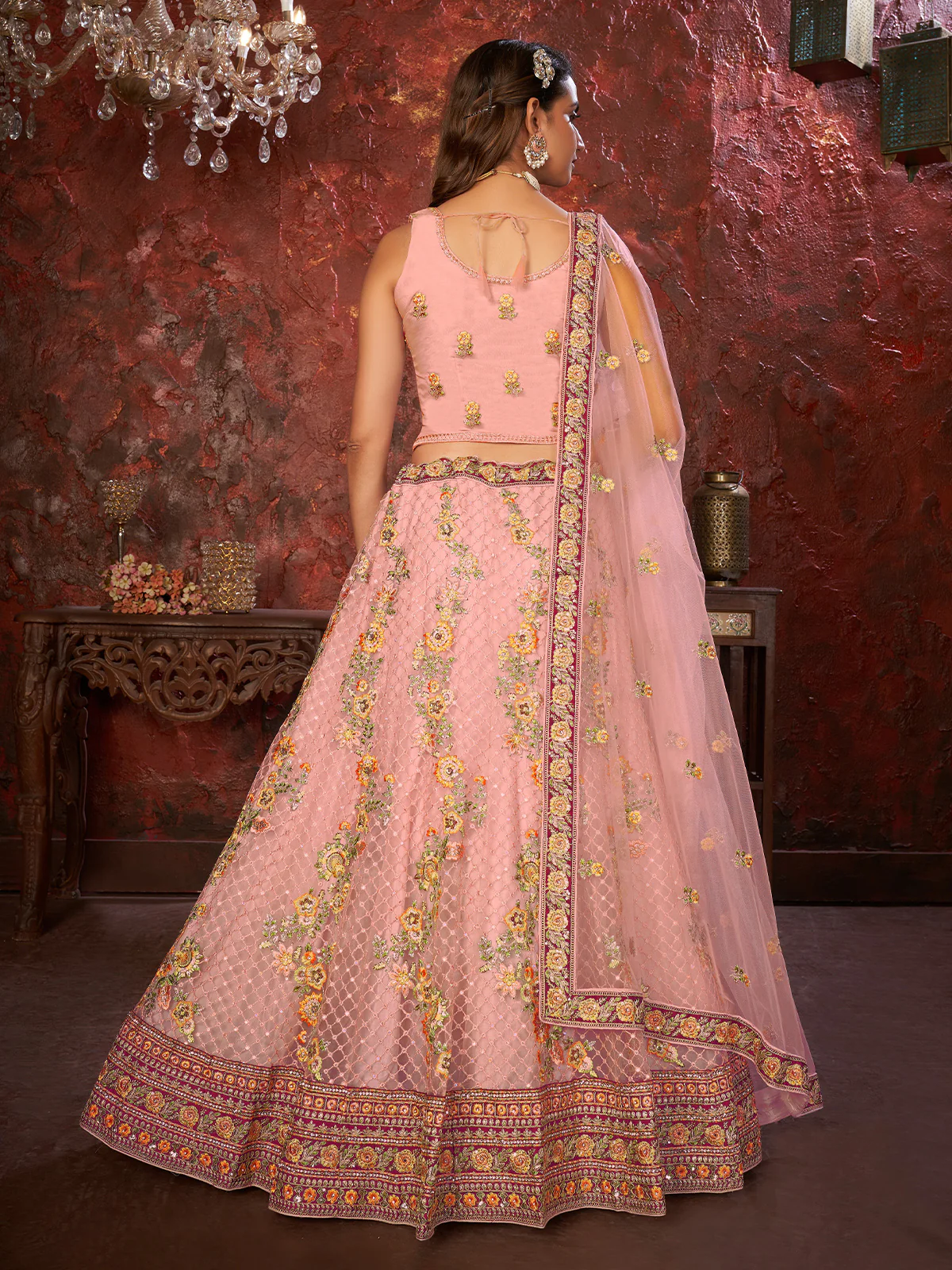 Odette Pink Net Embroidered Semi Stitched Lehenga With Unstitched Blouse for Women - Image 3