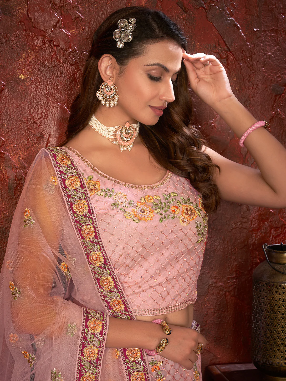 Odette Pink Net Embroidered Semi Stitched Lehenga With Unstitched Blouse for Women - Image 4