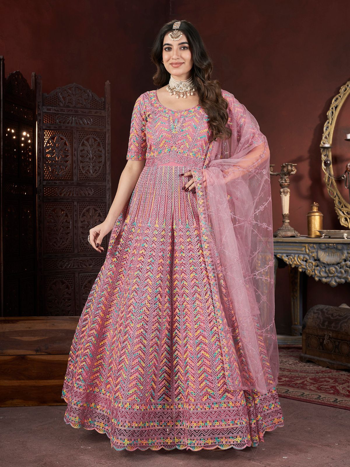 Odette Pink Net Embroidered Stitched Gown For Women