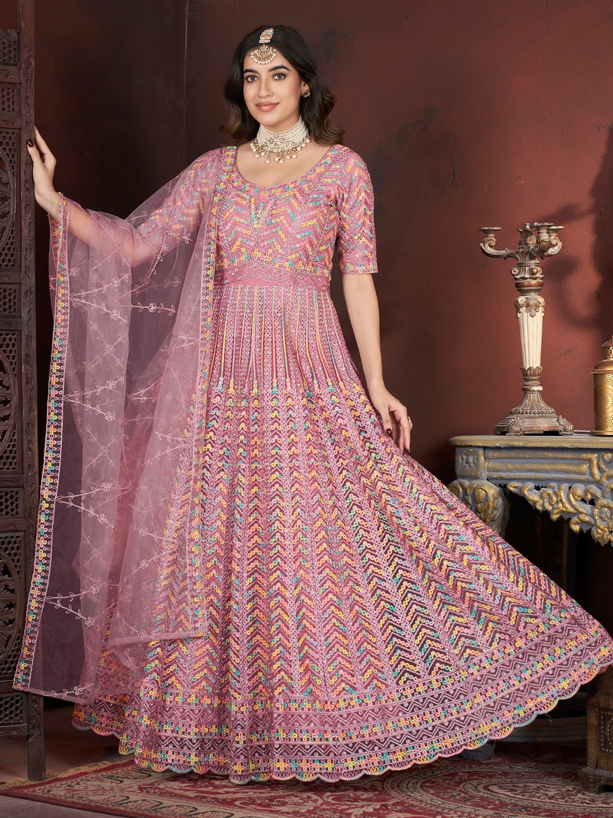Odette Pink Net Embroidered Stitched Gown For Women - Image 2