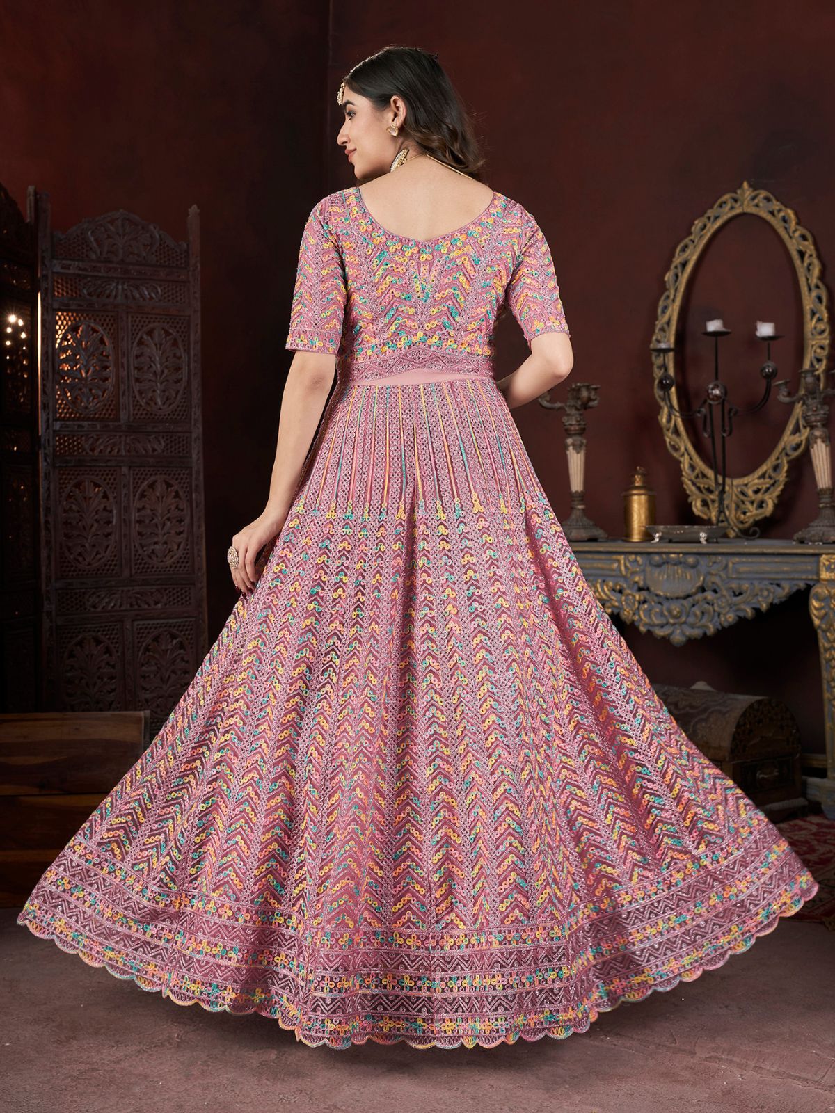 Odette Pink Net Embroidered Stitched Gown For Women - Image 3