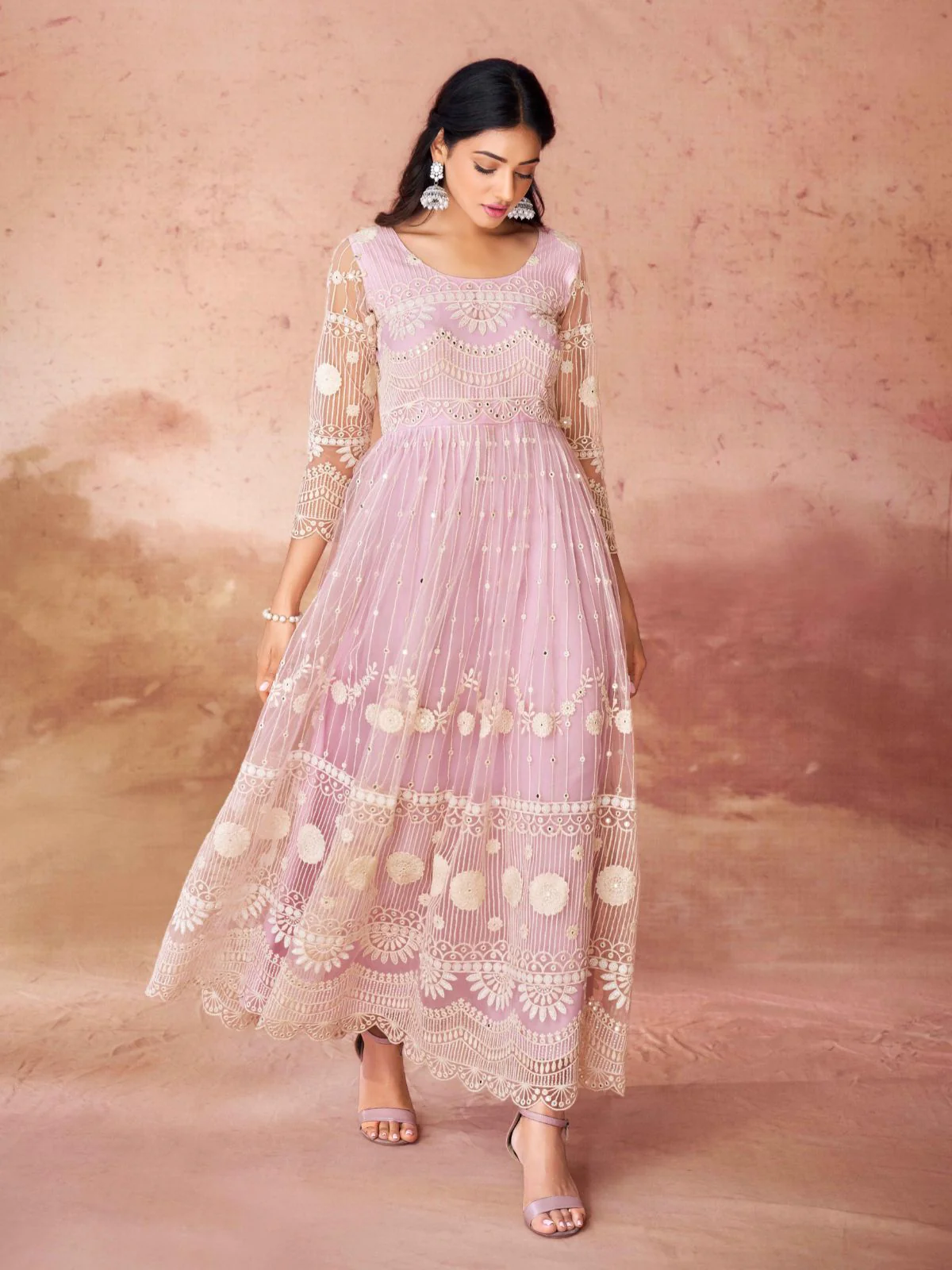 Odette Pink Net Embroidered Stitched Gown For Women - Image 2