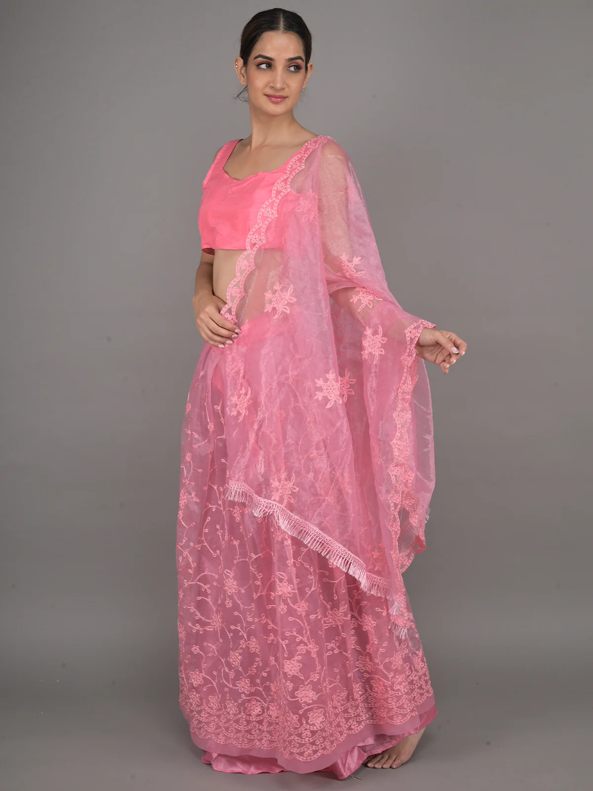 Odette Pink Net Semi Stitched Lehenga With Unstitched Blouse For Women - Image 2