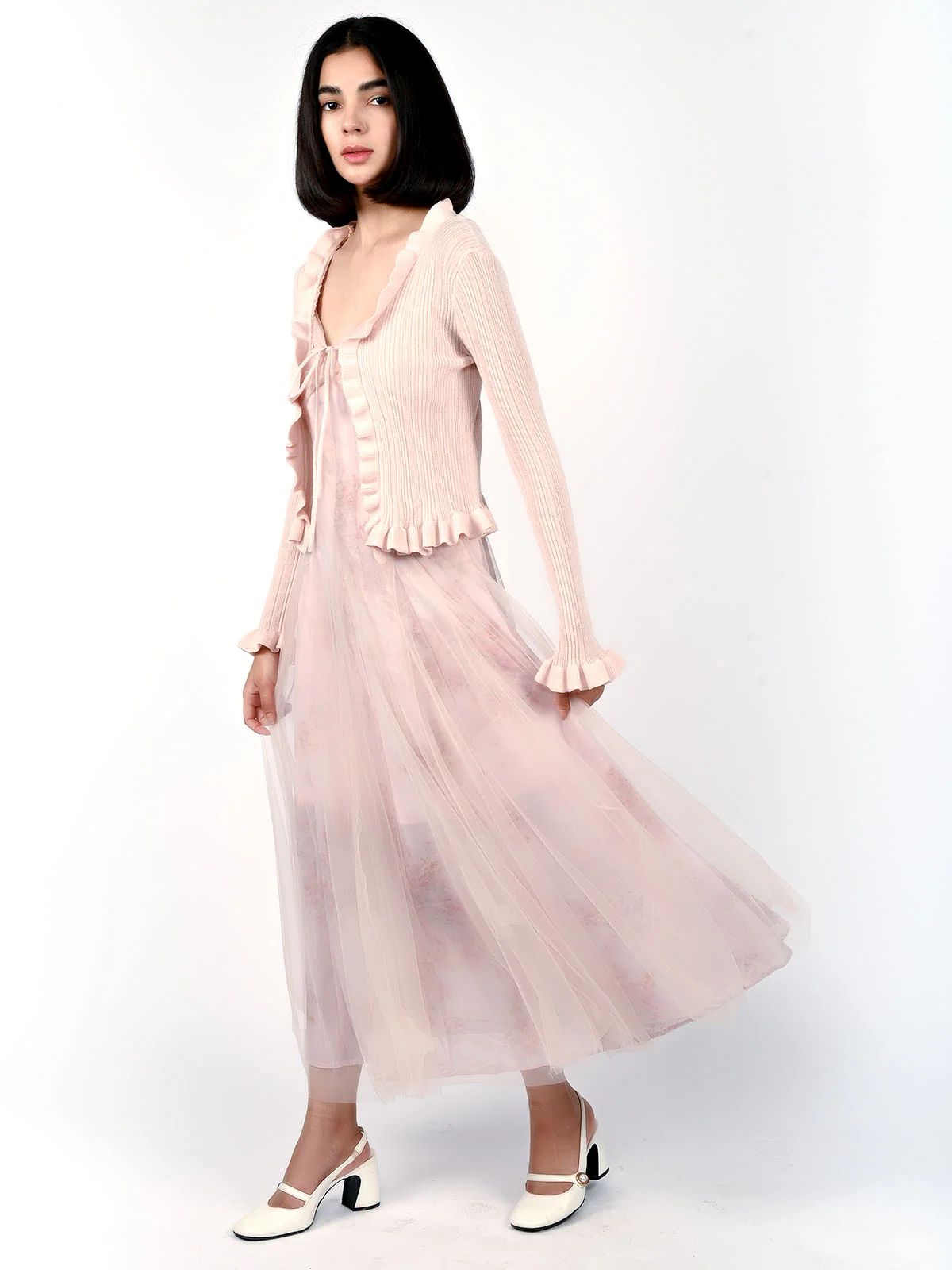 Odette Pink Net Printed And Bow Design Dress For Women - Image 3