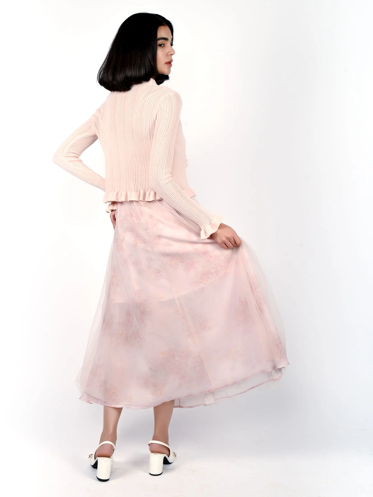 Odette Pink Net Printed And Bow Design Dress For Women - Image 4