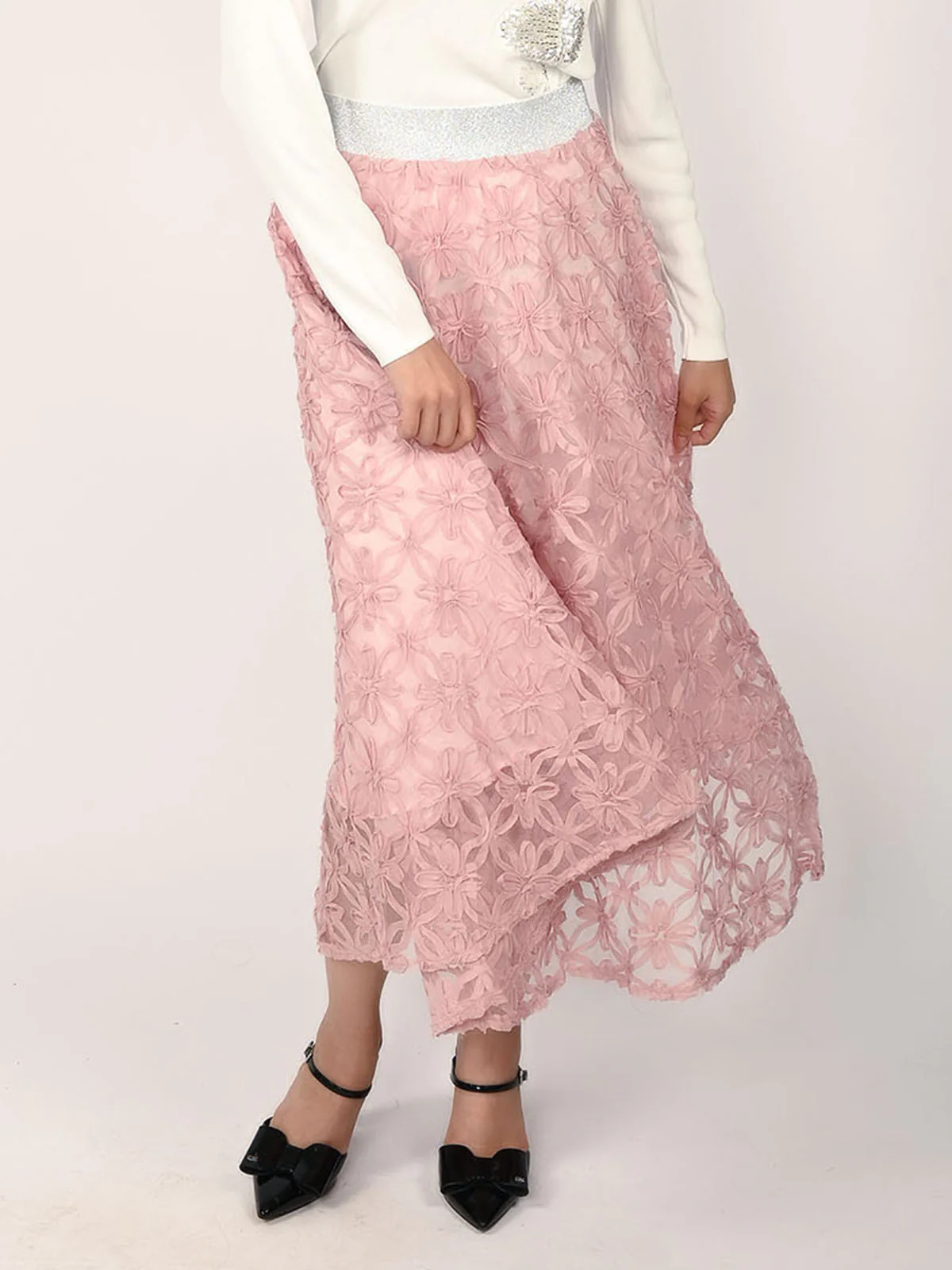 Odette Pink Net Ribbon Applique Skirt For Women - Image 2
