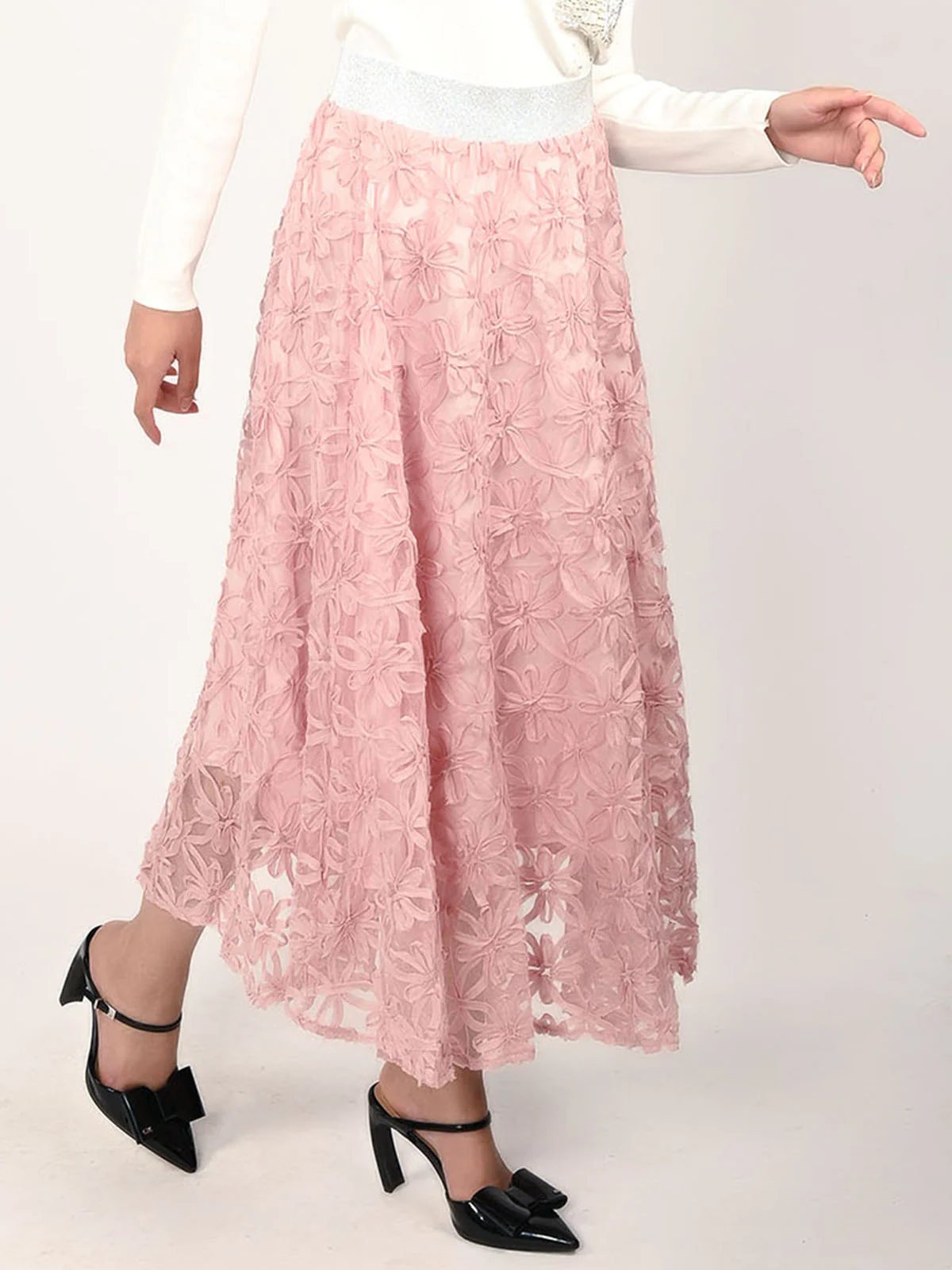 Odette Pink Net Ribbon Applique Skirt For Women - Image 3
