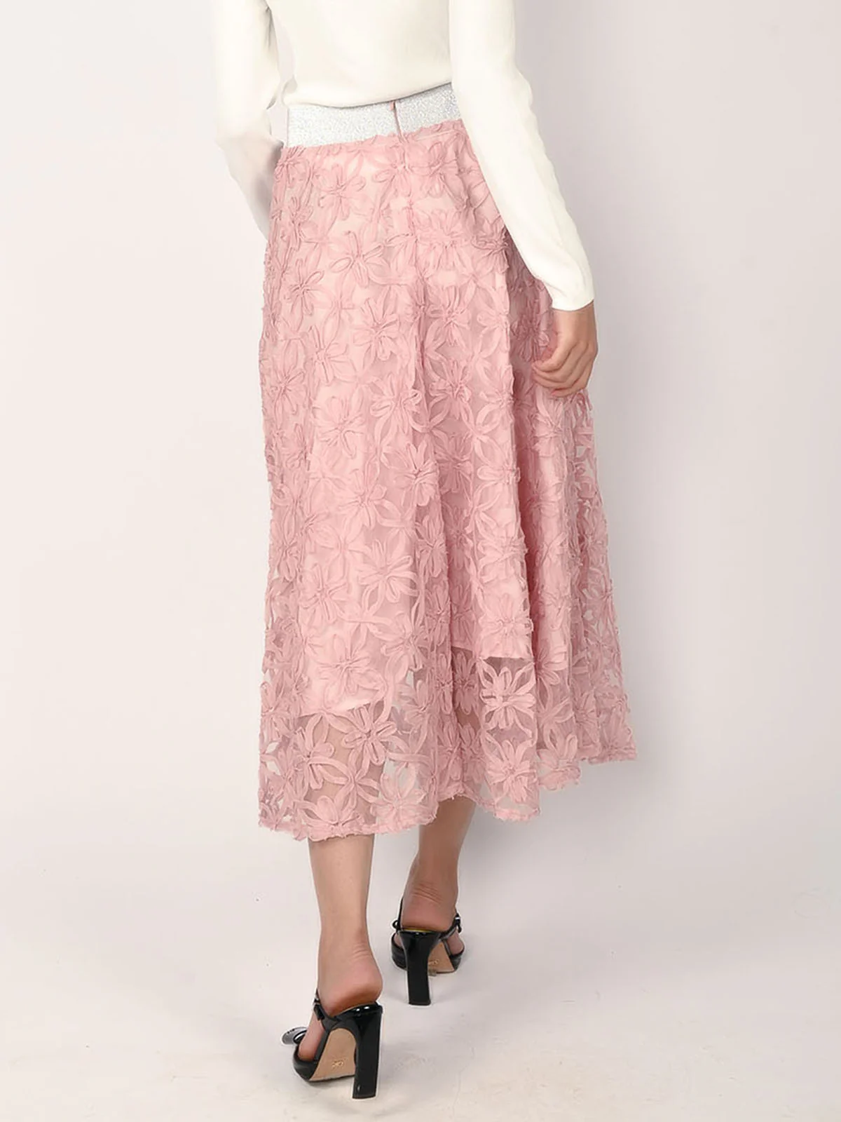 Odette Pink Net Ribbon Applique Skirt For Women - Image 4