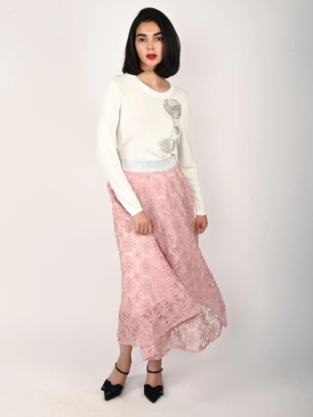 Odette Pink Net Ribbon Applique Skirt For Women - Image 6