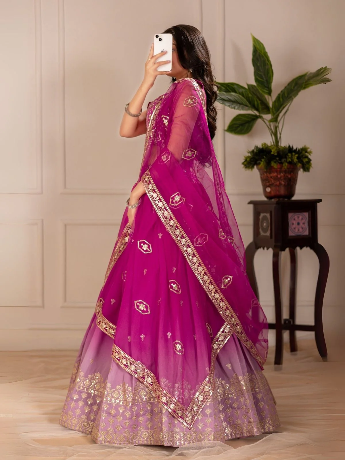 Odette Pink Ombre Silk Blend Embroidered Semi-Stitched lehenga For Women - Image 2