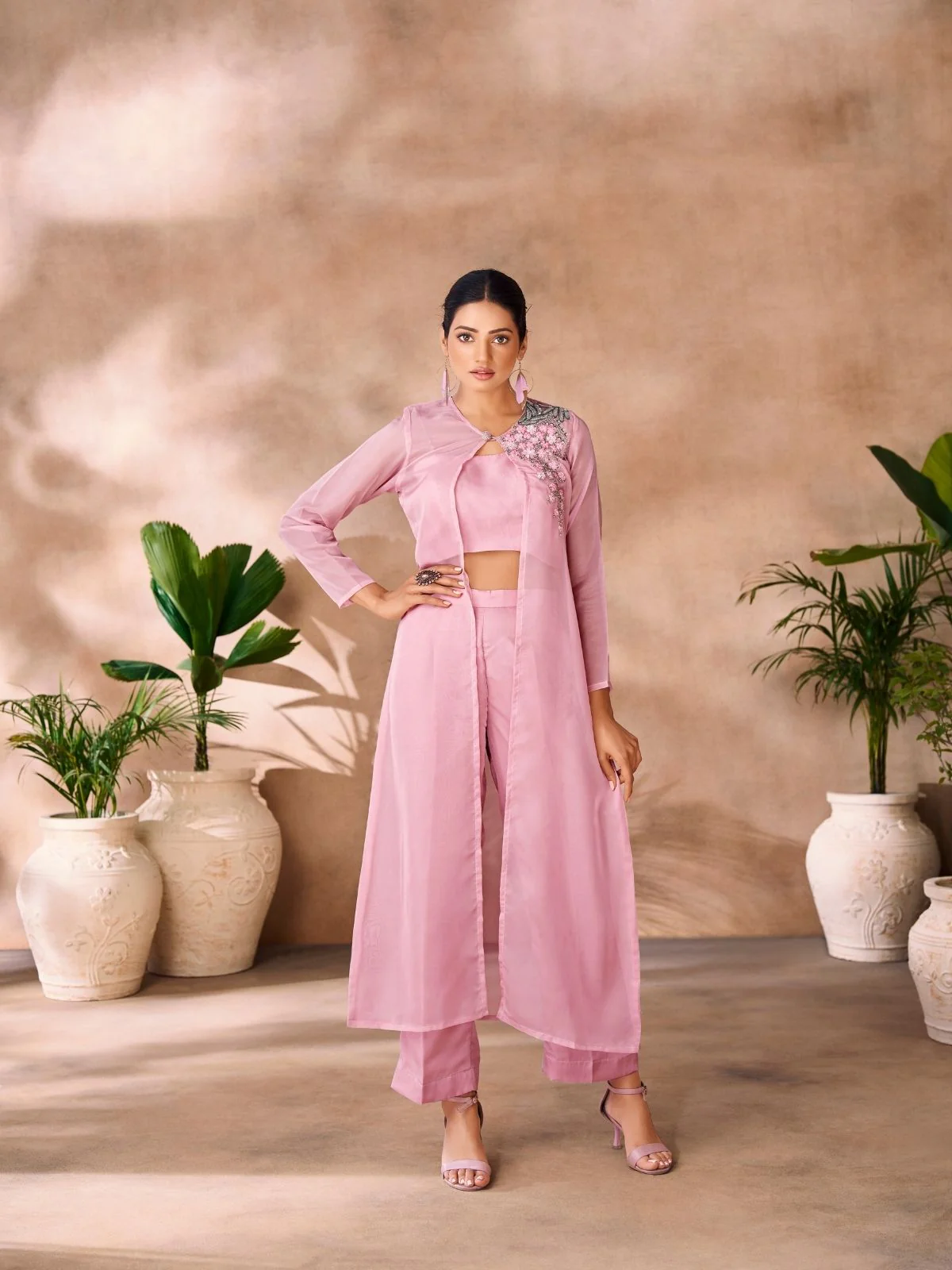 Odette Pink Organza Embellished Co-Ord Set For Women