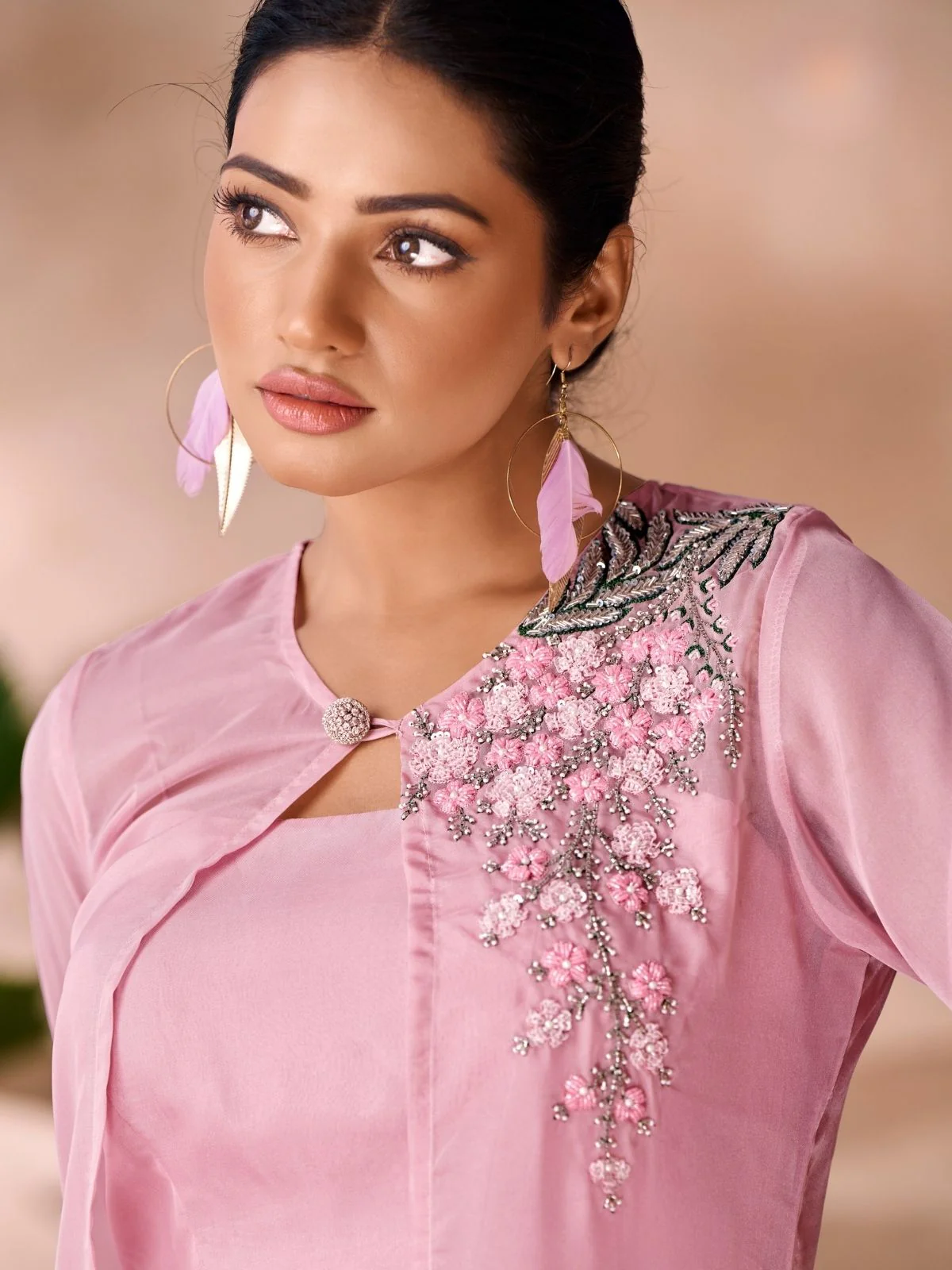 Odette Pink Organza Embellished Co-Ord Set For Women - Image 5