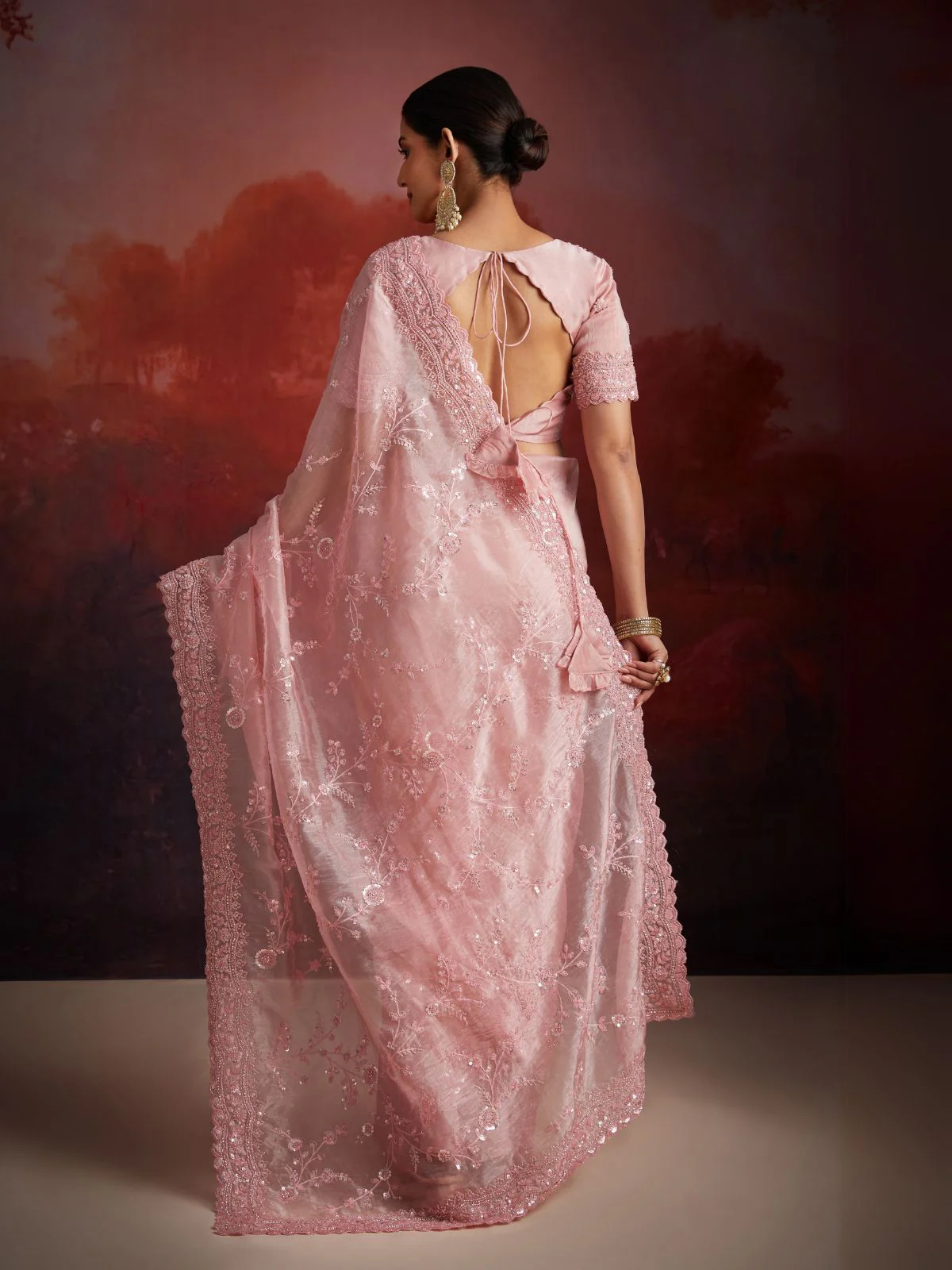 Odette Pink Organza Embellished Saree For Women - Image 4