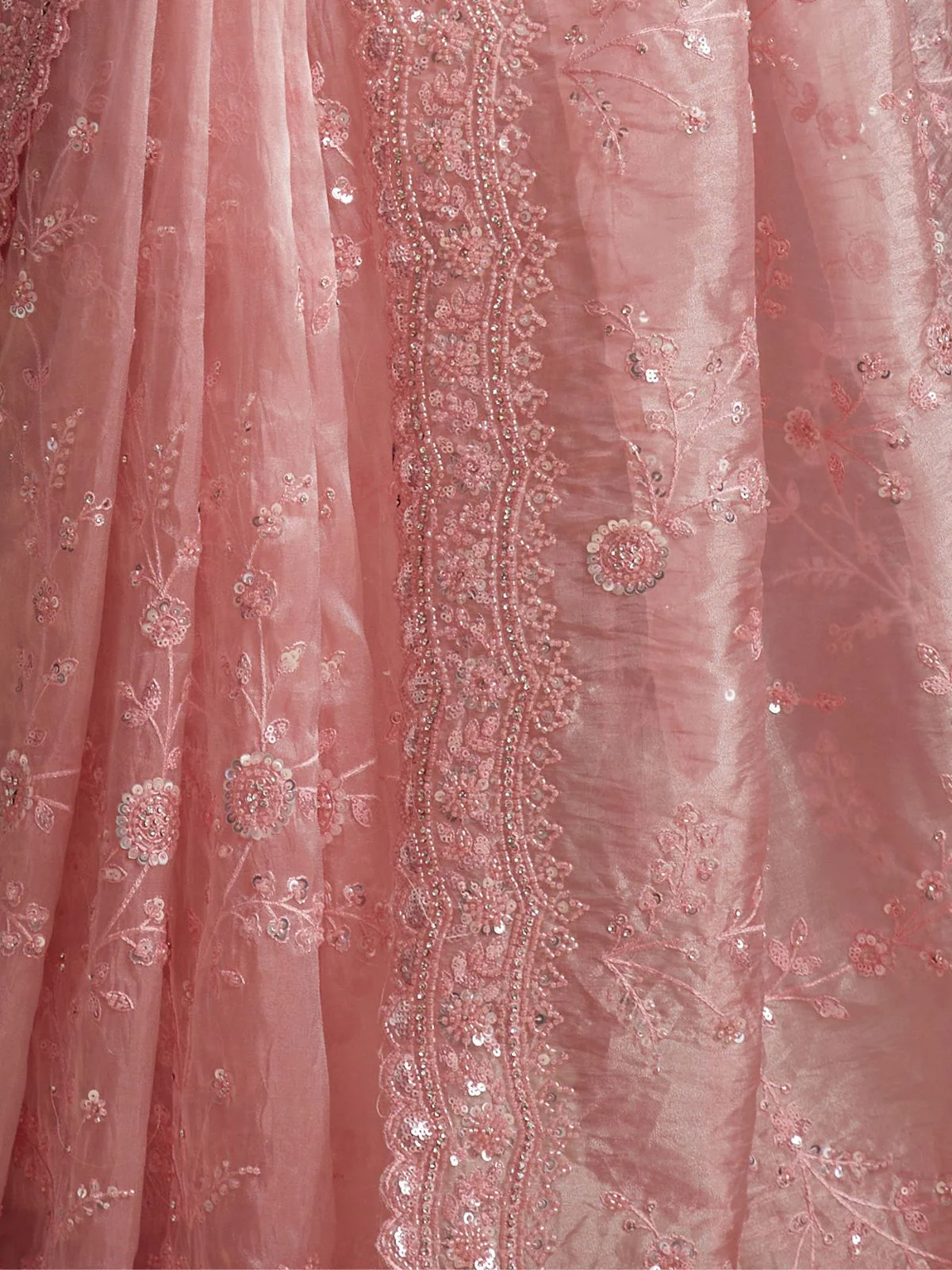 Odette Pink Organza Embellished Saree For Women - Image 5