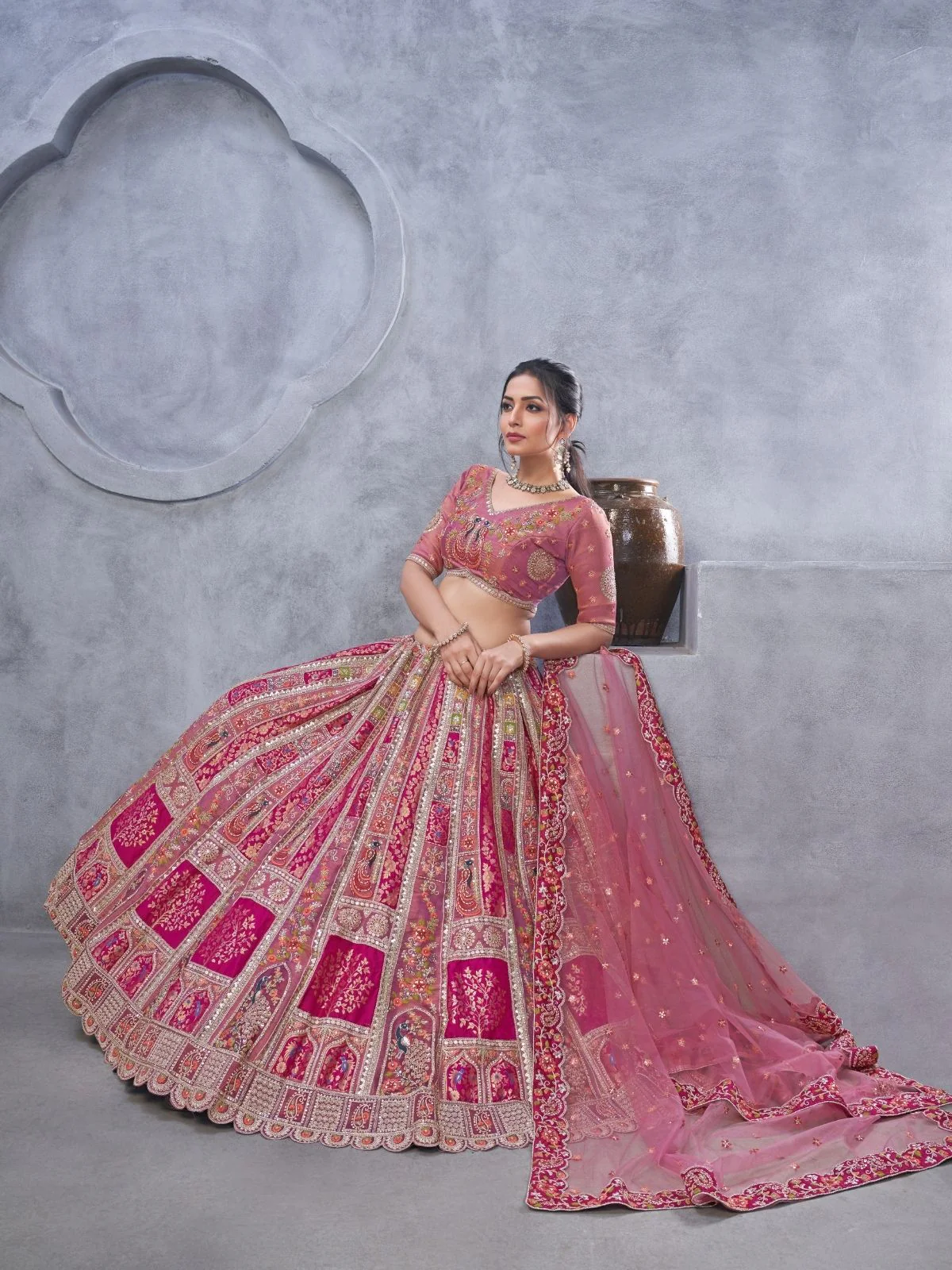 Odette Pink Organza Embellished Semi-Stitched Lehenga With Unstitched Blouse For Women - Image 3