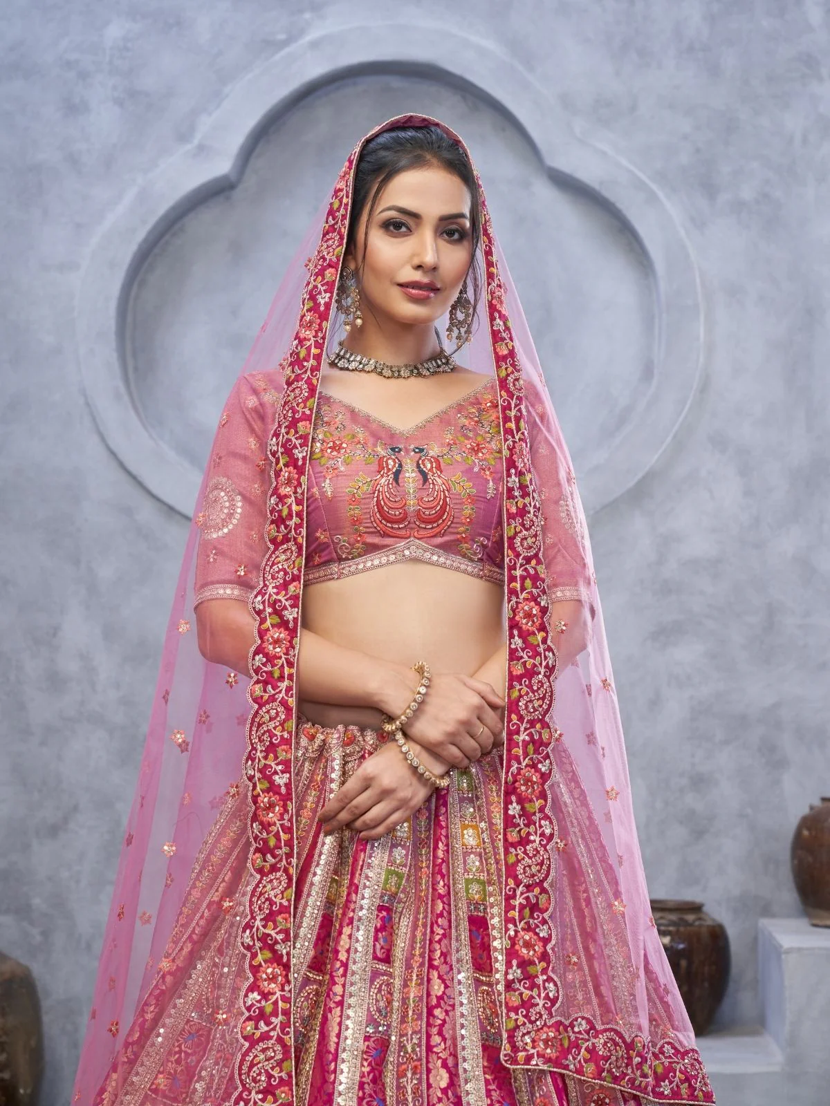 Odette Pink Organza Embellished Semi-Stitched Lehenga With Unstitched Blouse For Women - Image 4