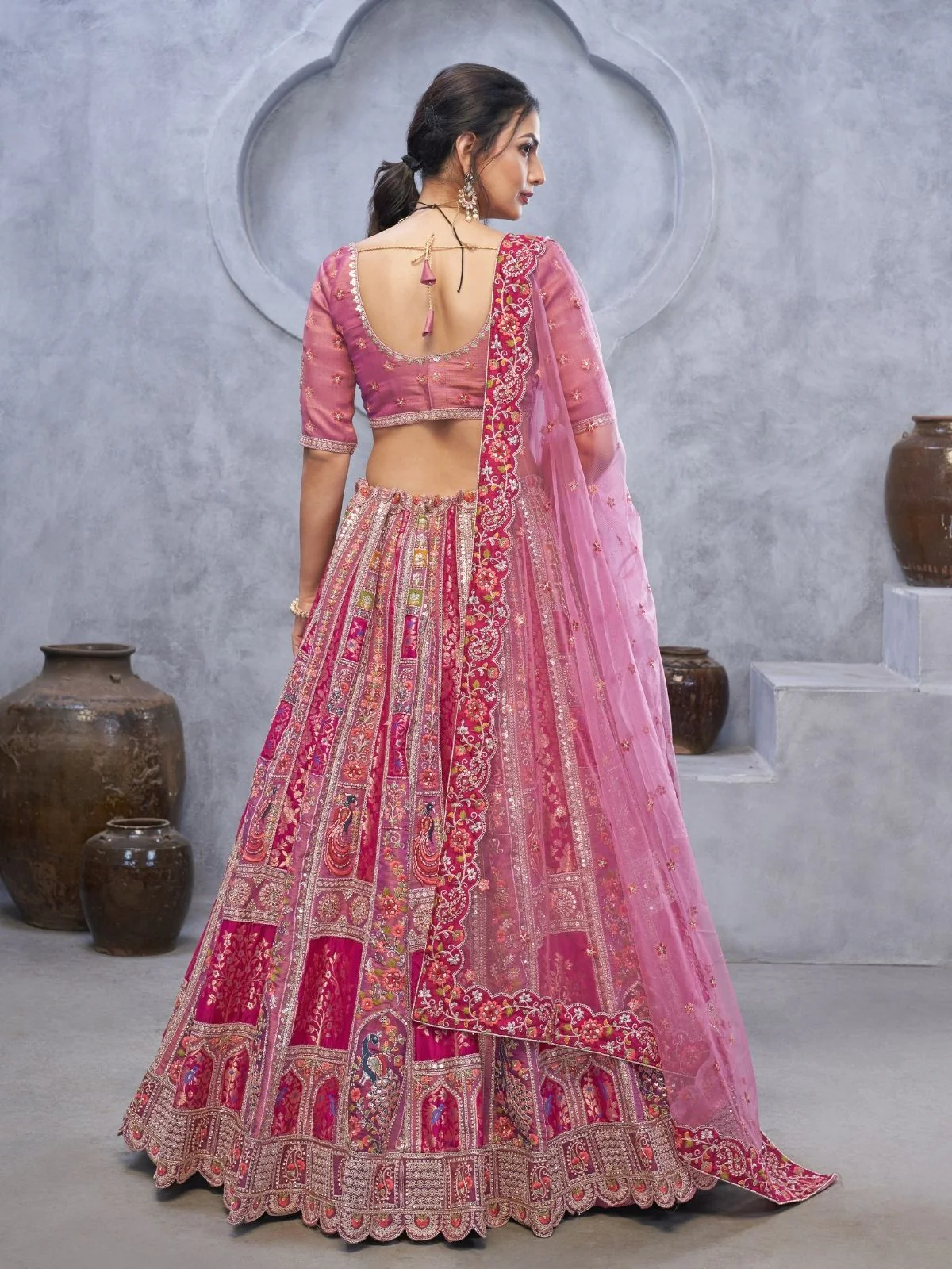Odette Pink Organza Embellished Semi-Stitched Lehenga With Unstitched Blouse For Women - Image 5