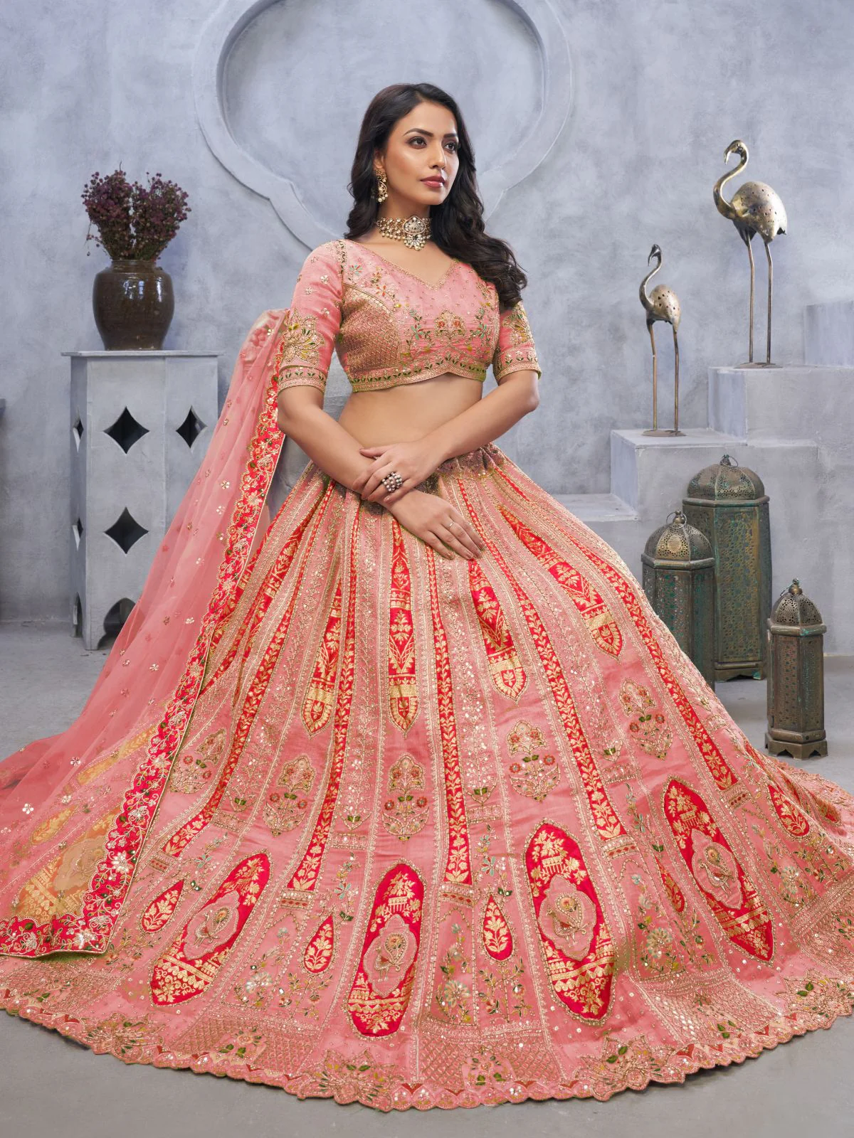 Odette Pink Organza Embellished Semi-Stitched Lehenga With Unstitched Blouse For Women - Image 2