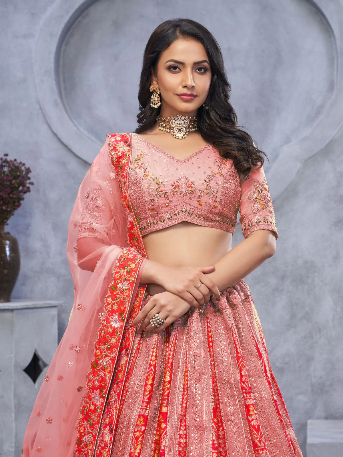 Odette Pink Organza Embellished Semi-Stitched Lehenga With Unstitched Blouse For Women - Image 3