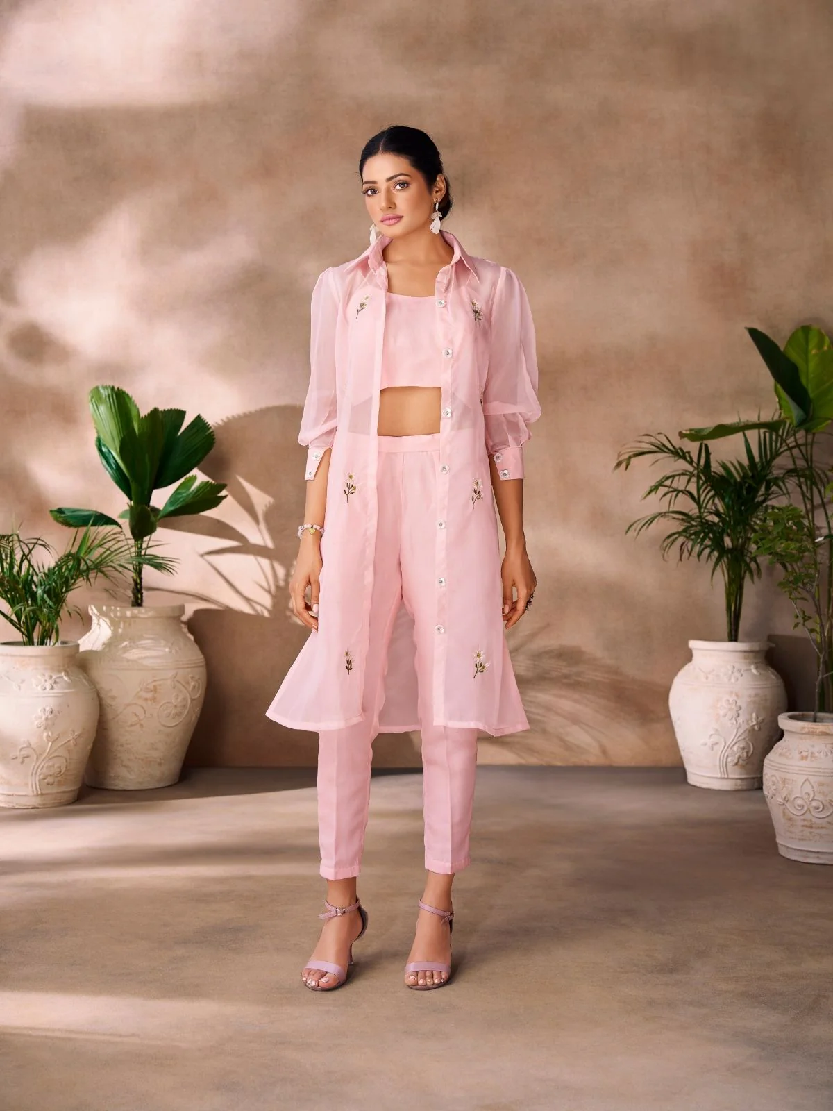 Odette Pink Organza Embroidered Co-Ord Set For Women