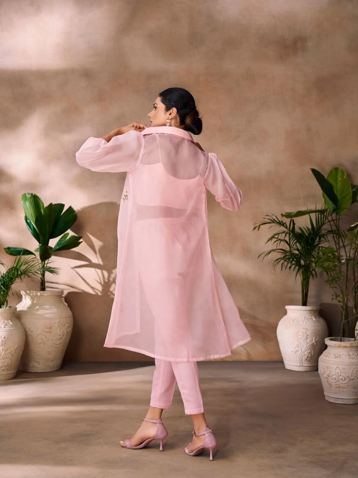Odette Pink Organza Embroidered Co-Ord Set For Women - Image 2