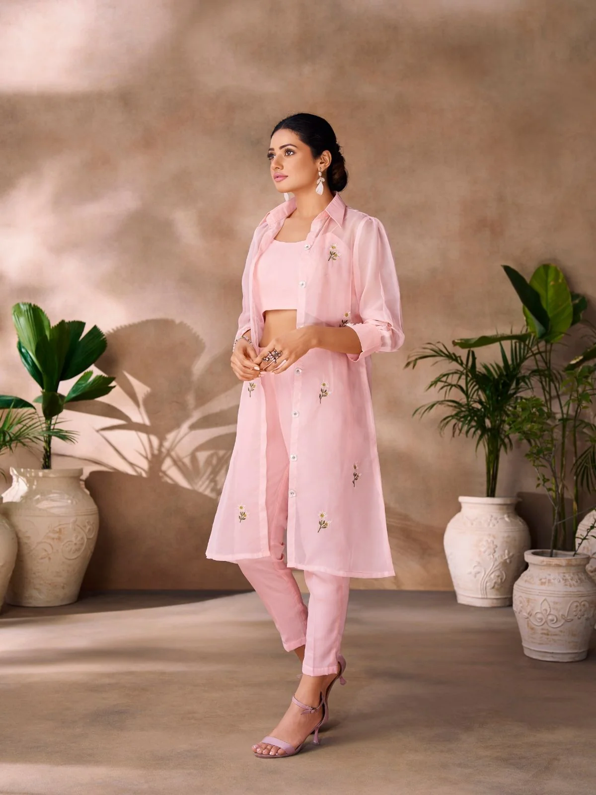 Odette Pink Organza Embroidered Co-Ord Set For Women - Image 3