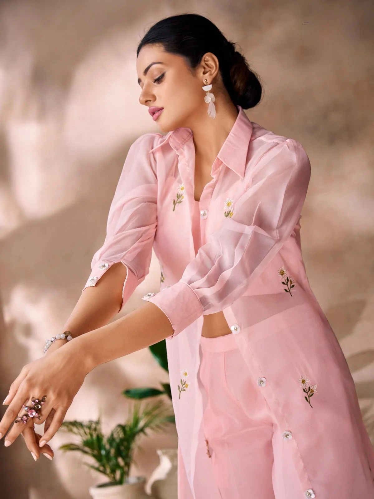 Odette Pink Organza Embroidered Co-Ord Set For Women - Image 5