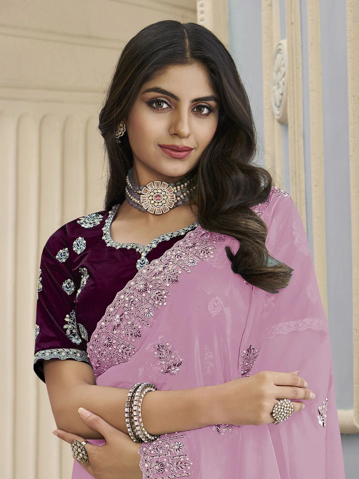 Odette Pink Organza Embroidered Elegant Saree For Women - Image 2