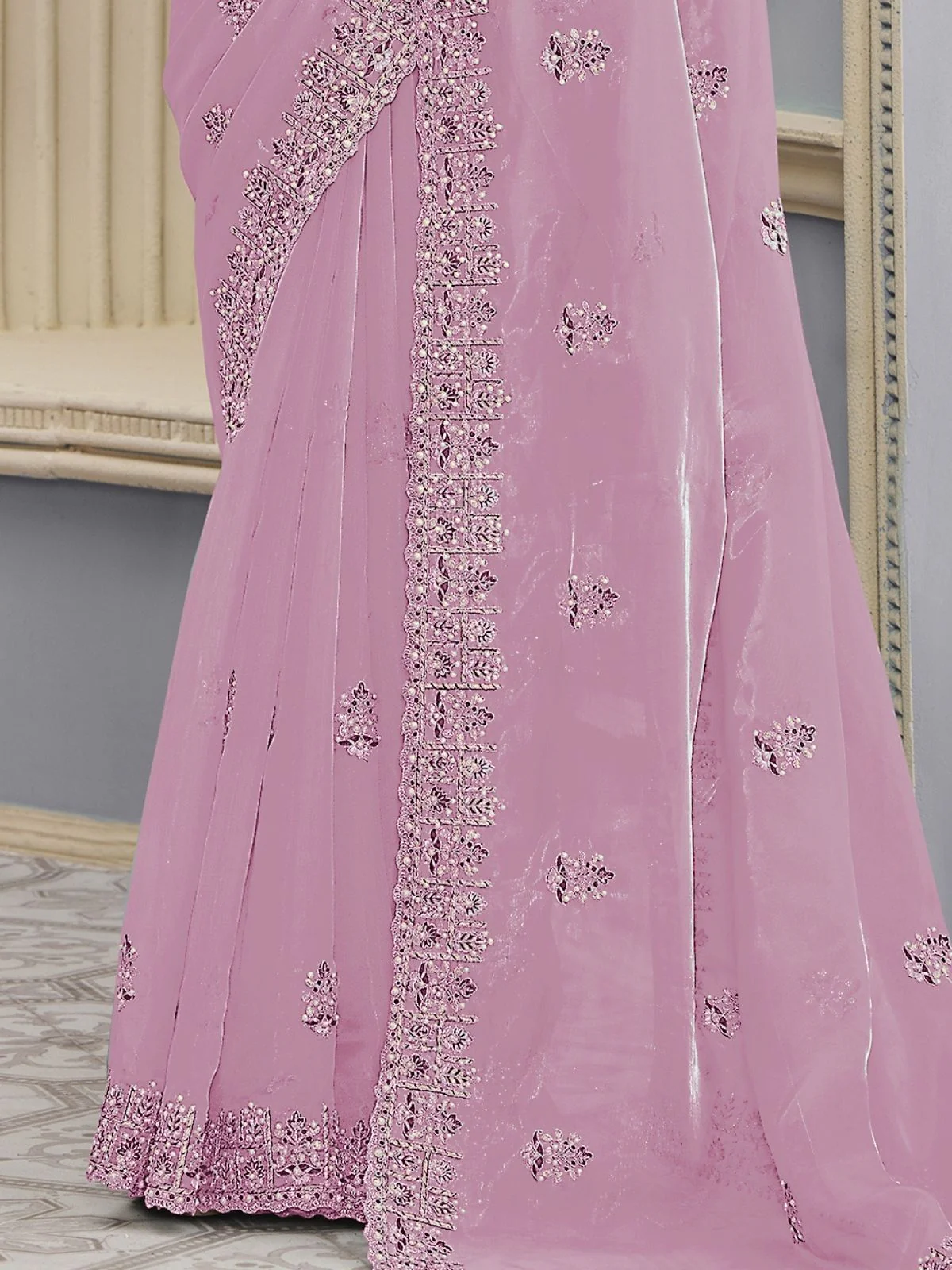 Odette Pink Organza Embroidered Elegant Saree For Women - Image 3
