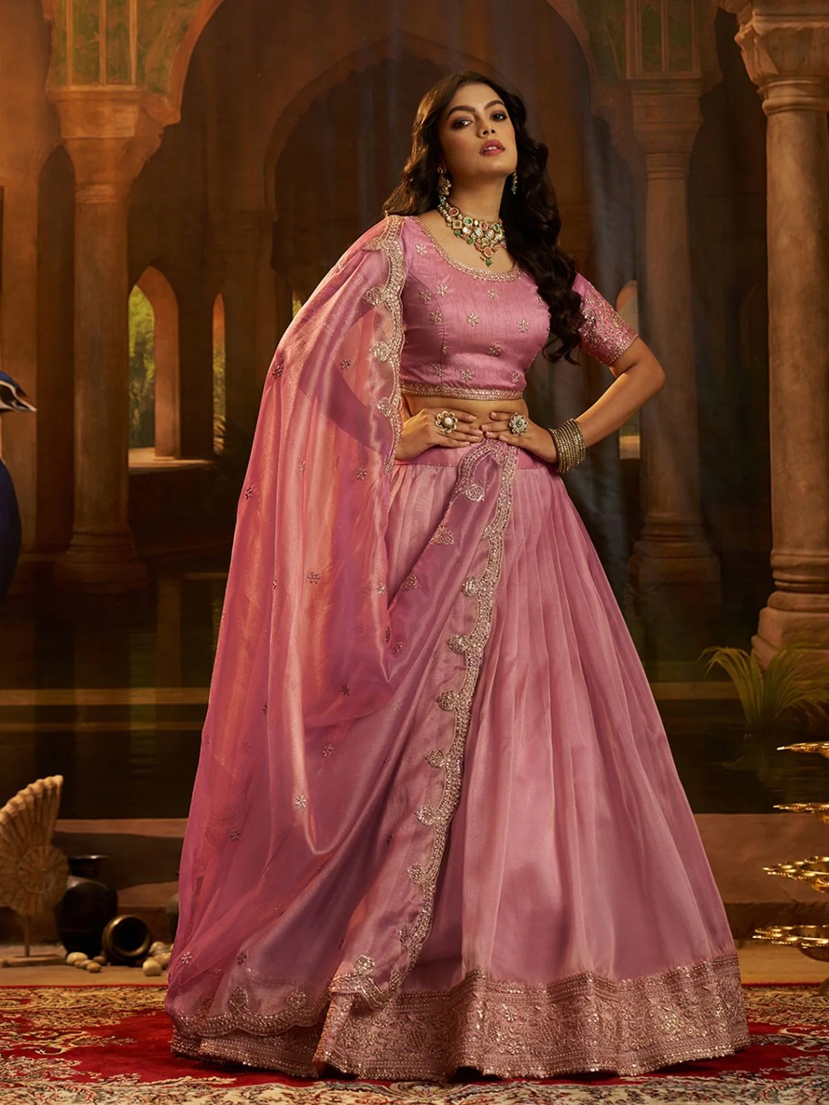 Odette Pink Organza Embroidered Lehenga For Women