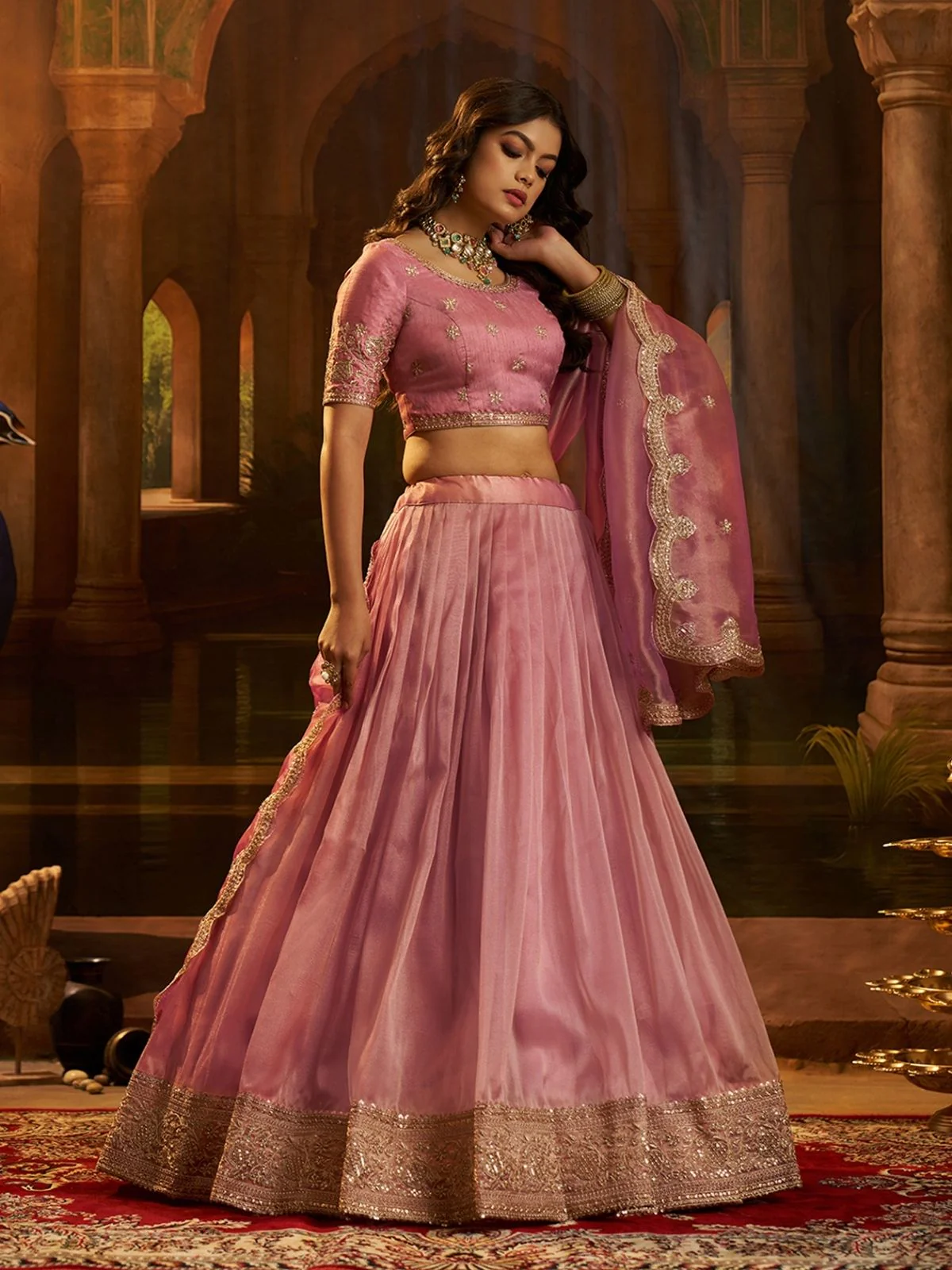 Odette Pink Organza Embroidered Lehenga For Women - Image 2