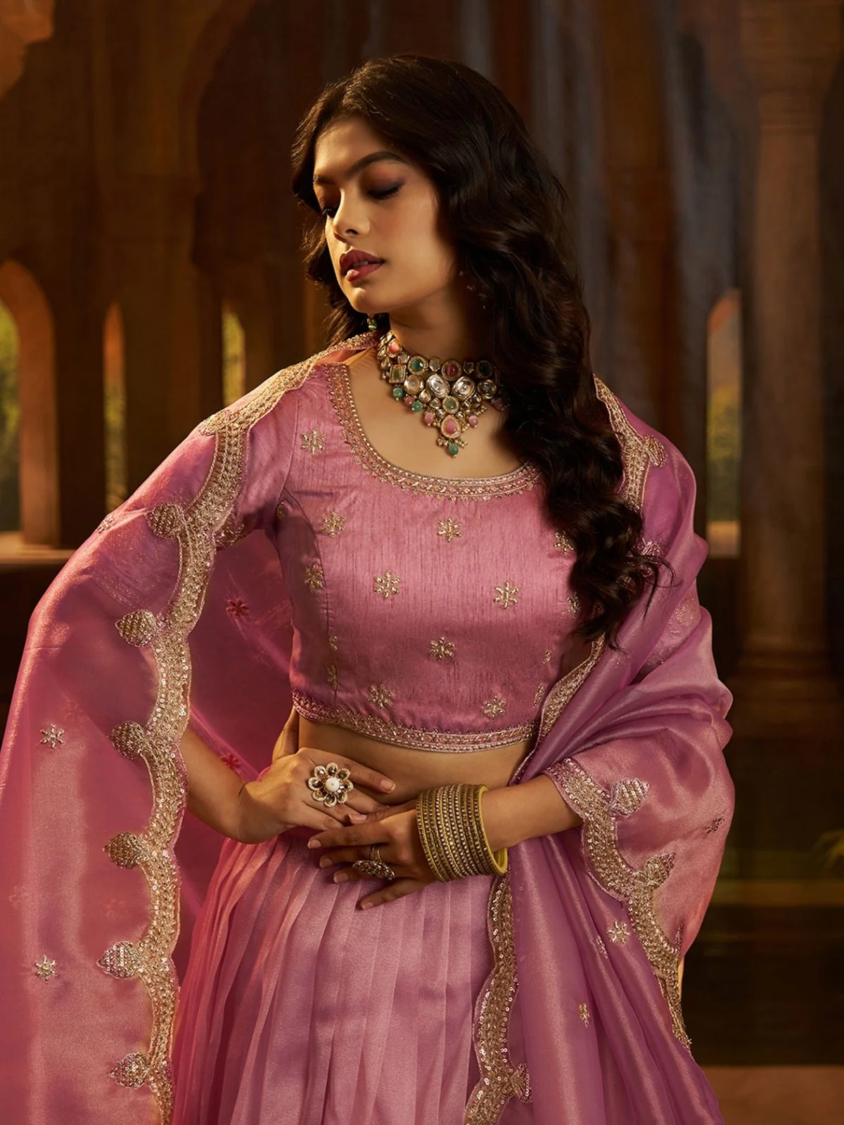 Odette Pink Organza Embroidered Lehenga For Women - Image 4