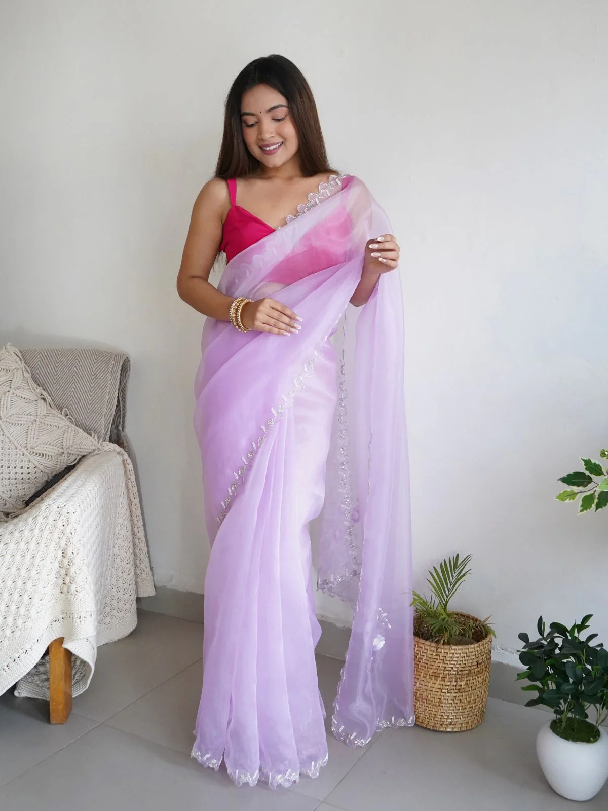 Odette Pink Organza Embroidered Saree With Unstitched Blouse For Women - Image 3