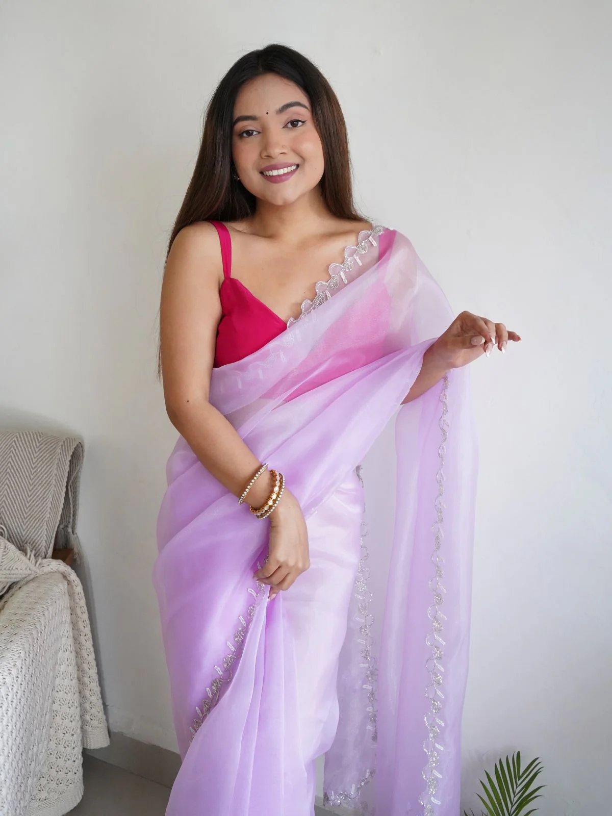 Odette Pink Organza Embroidered Saree With Unstitched Blouse For Women - Image 5