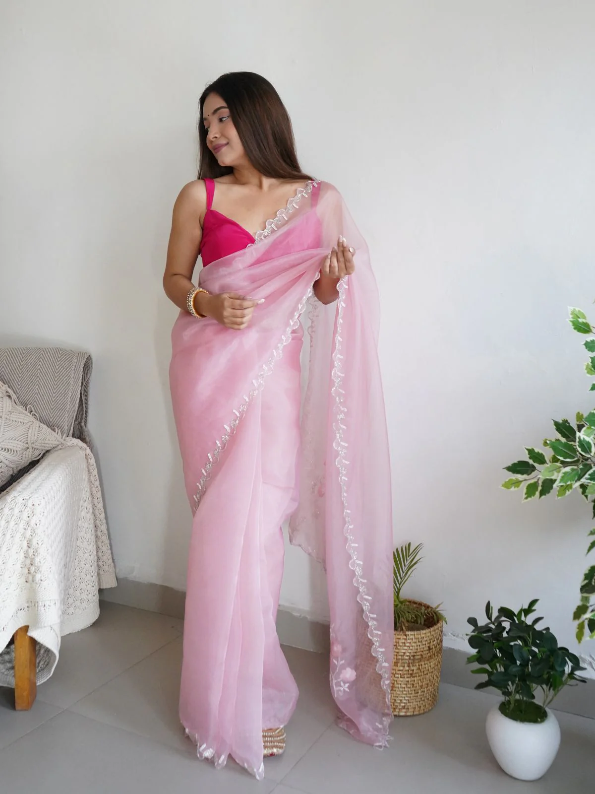 Odette Pink Organza Embroidered Saree With Unstitched Blouse For Women - Image 3